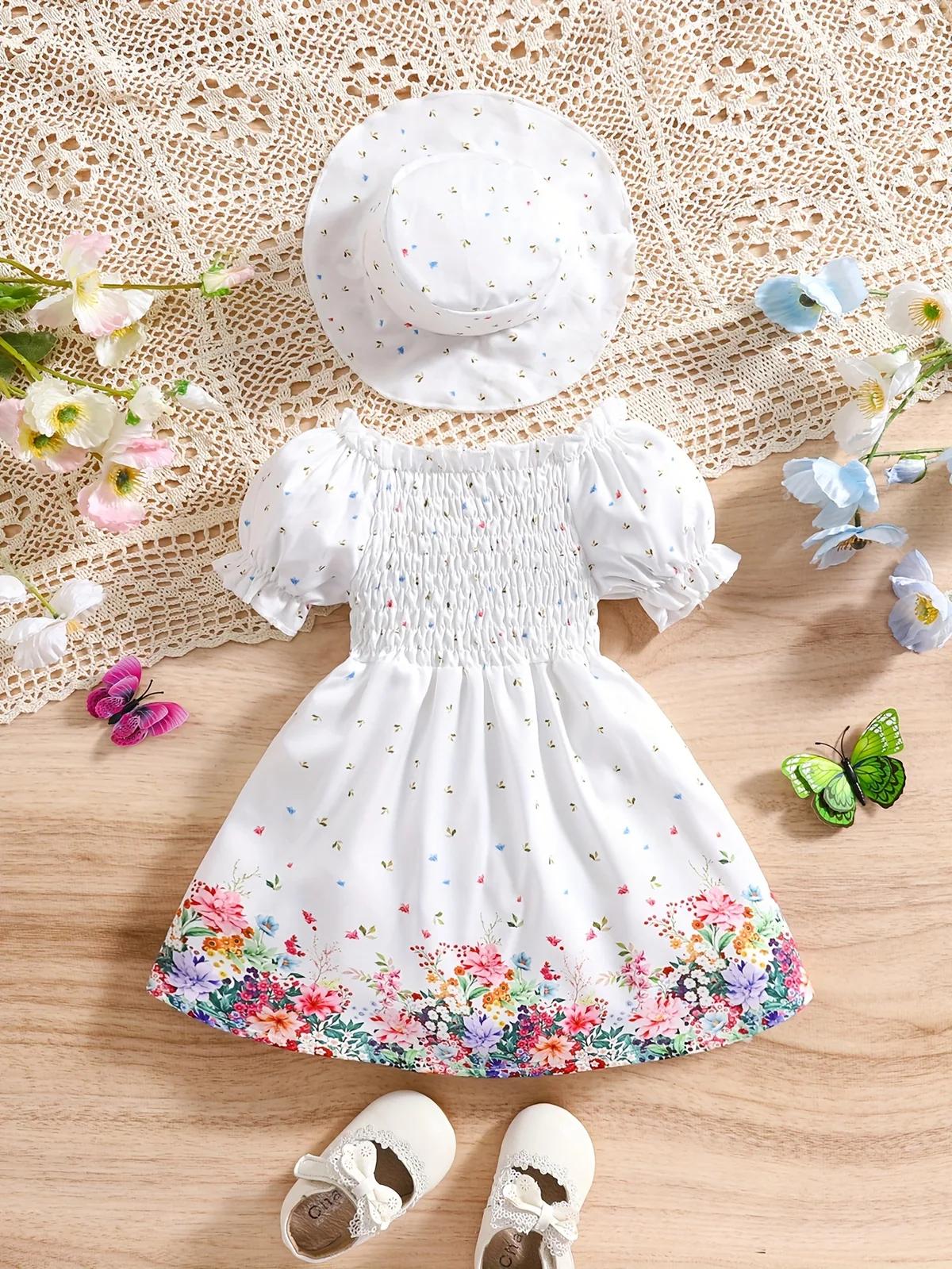 0-3 Years Old Two-Piece Retro Floral Pattern Puff Sleeve Casual Princess Dress + Hat