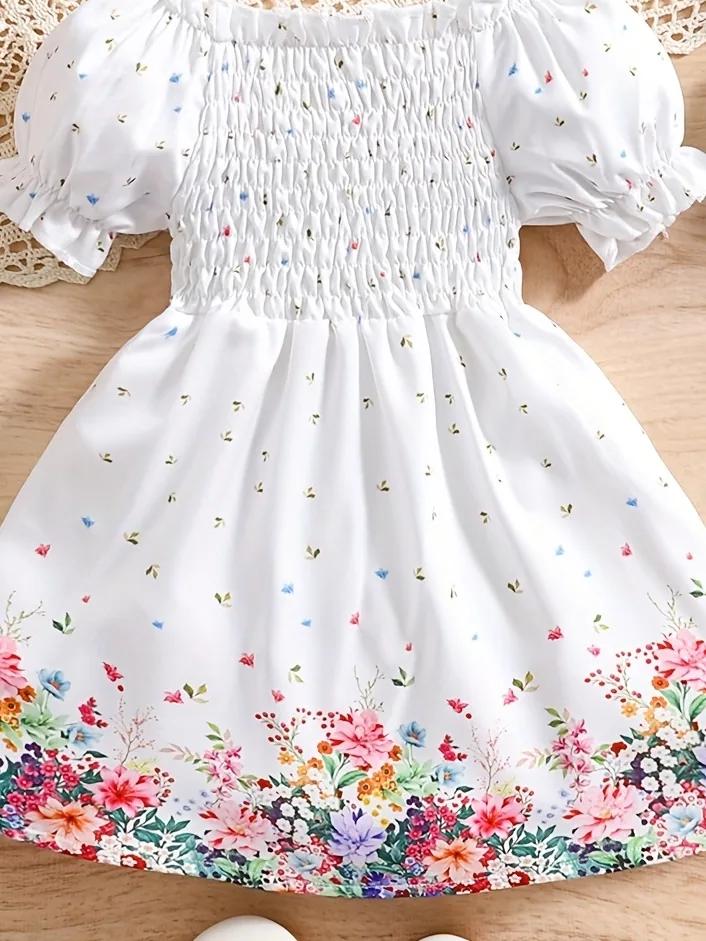 0-3 Years Old Two-Piece Retro Floral Pattern Puff Sleeve Casual Princess Dress + Hat