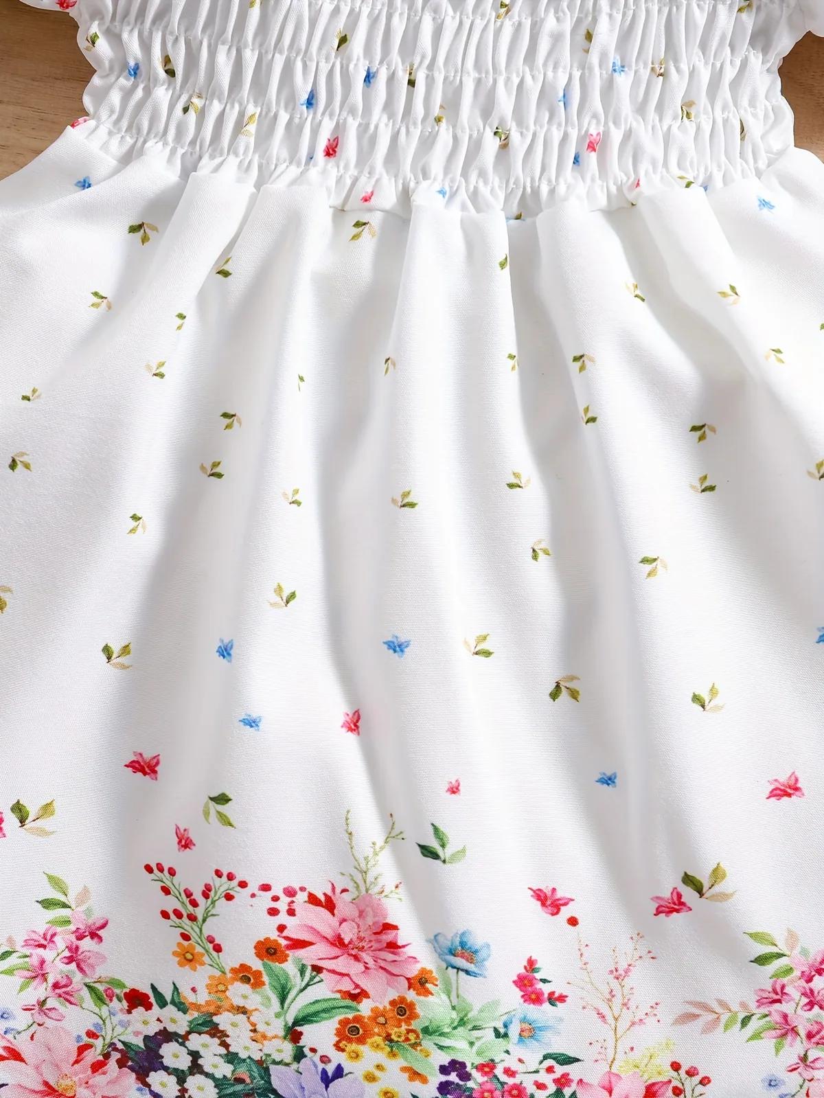0-3 Years Old Two-Piece Retro Floral Pattern Puff Sleeve Casual Princess Dress + Hat
