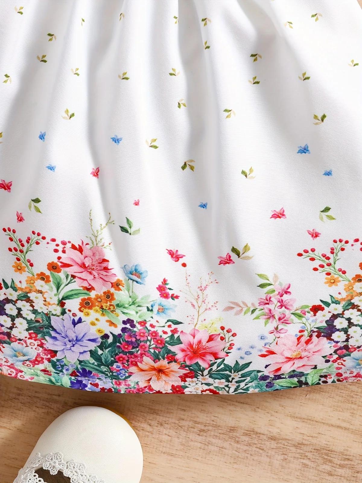 0-3 Years Old Two-Piece Retro Floral Pattern Puff Sleeve Casual Princess Dress + Hat