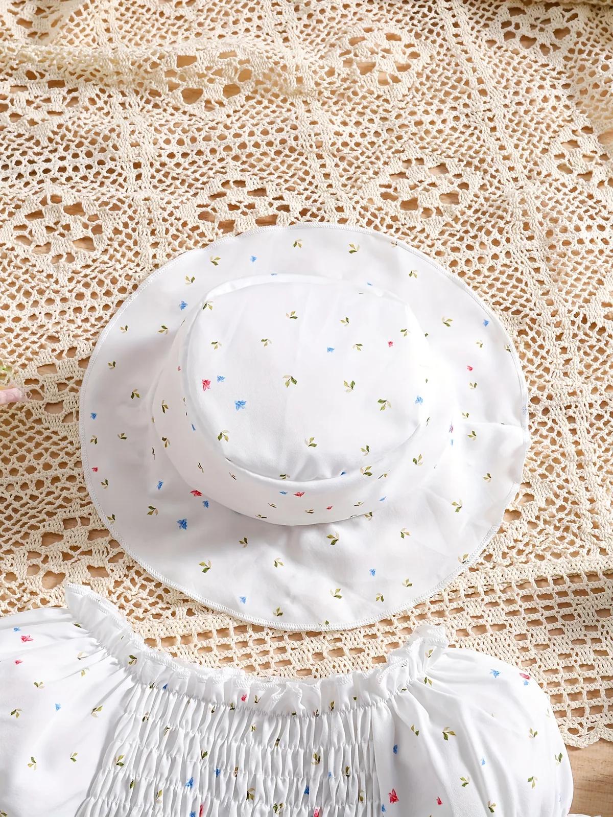 0-3 Years Old Two-Piece Retro Floral Pattern Puff Sleeve Casual Princess Dress + Hat