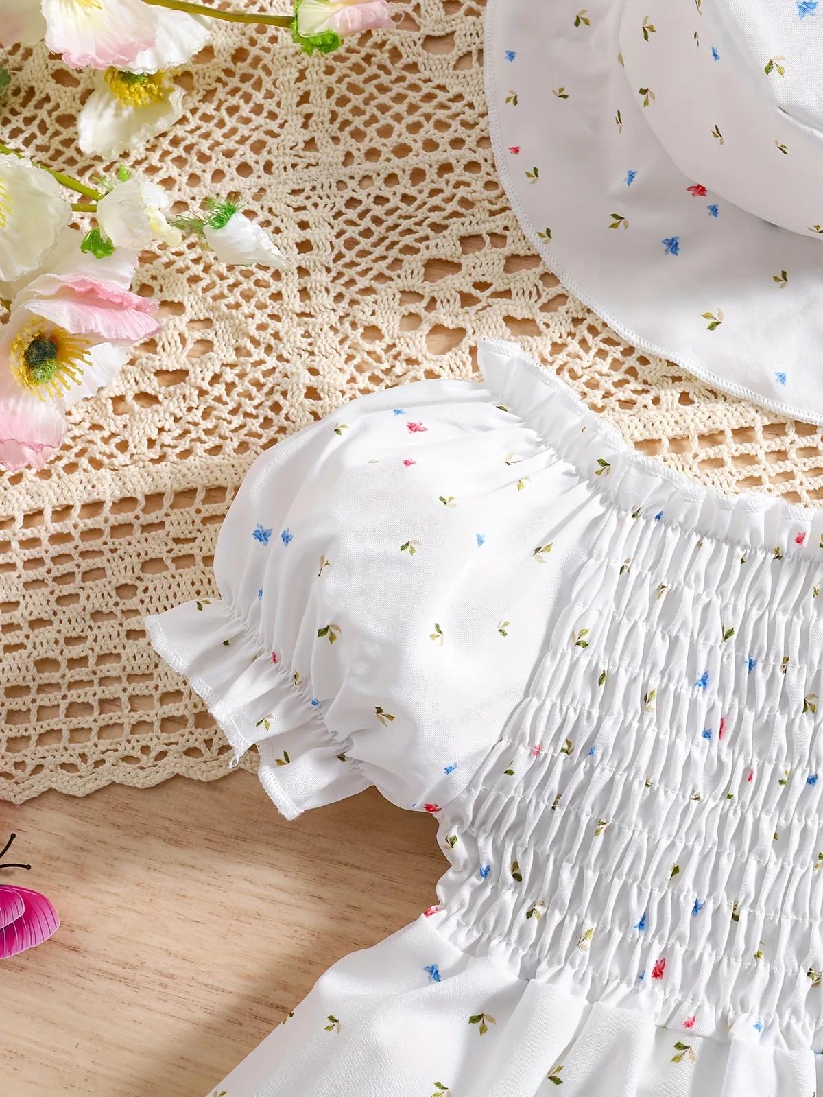 0-3 Years Old Two-Piece Retro Floral Pattern Puff Sleeve Casual Princess Dress + Hat