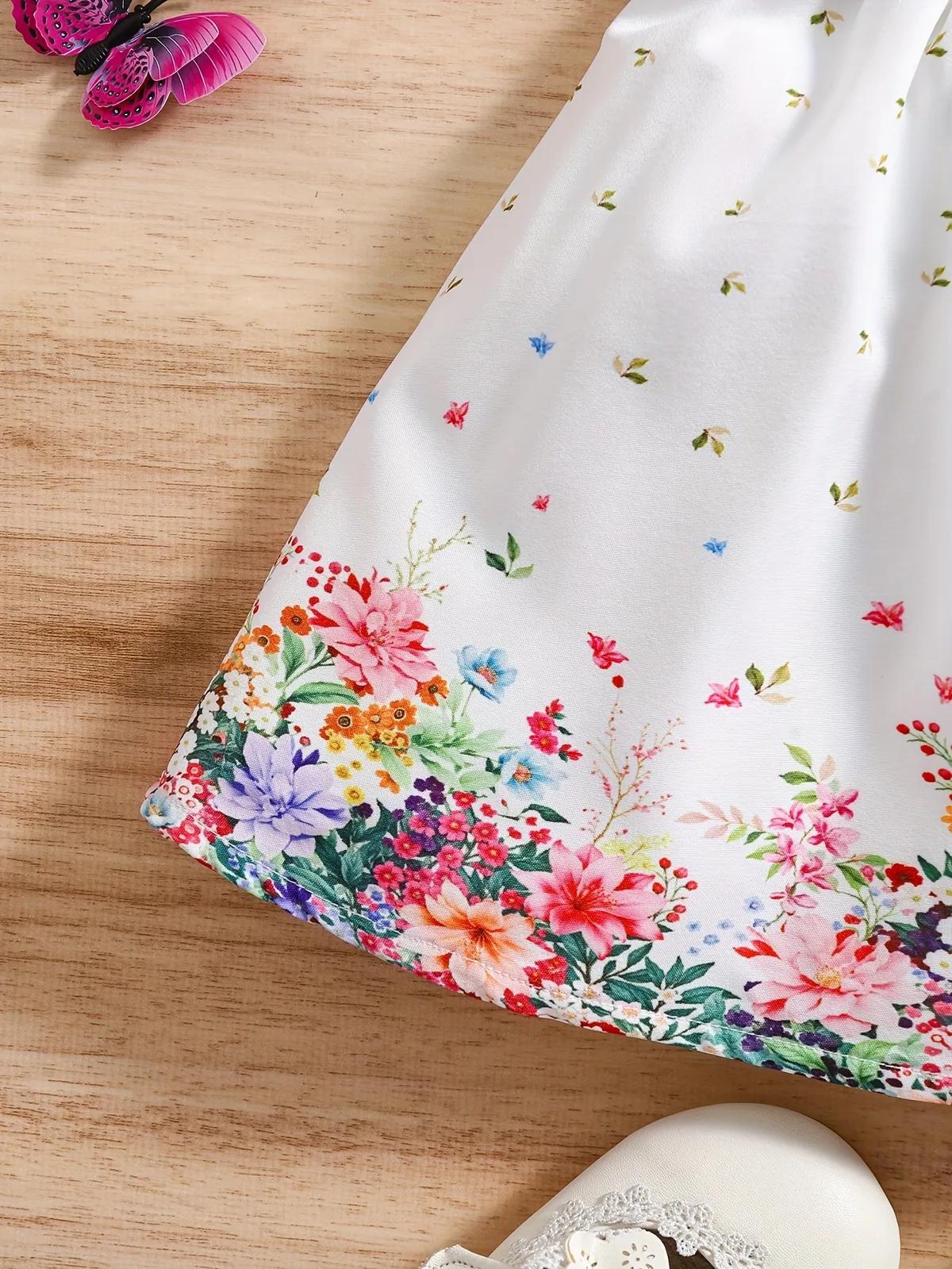 0-3 Years Old Two-Piece Retro Floral Pattern Puff Sleeve Casual Princess Dress + Hat