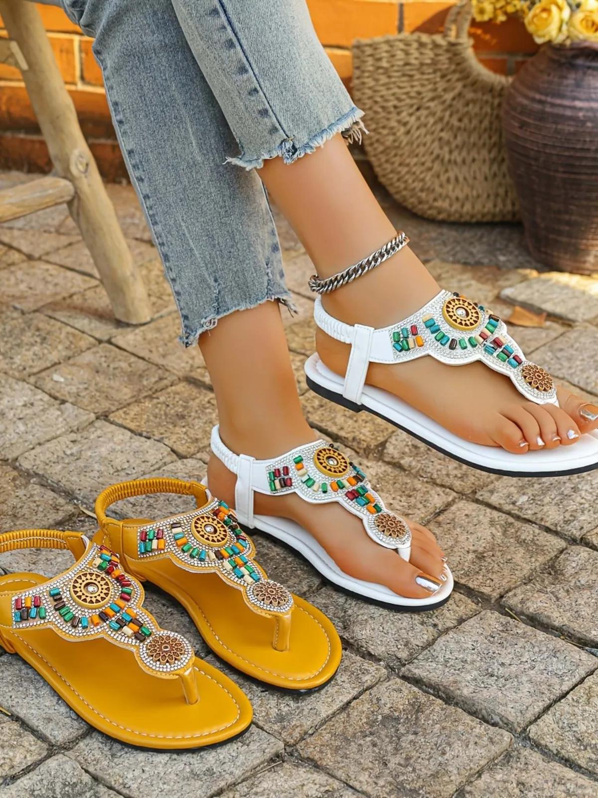 Summer Slippers for Women Comfortable and Versatile Toe-Post Bohemian Style Beach Shoes