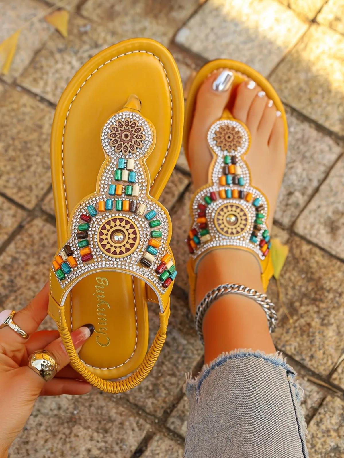 Summer Slippers for Women Comfortable and Versatile Toe-Post Bohemian Style Beach Shoes