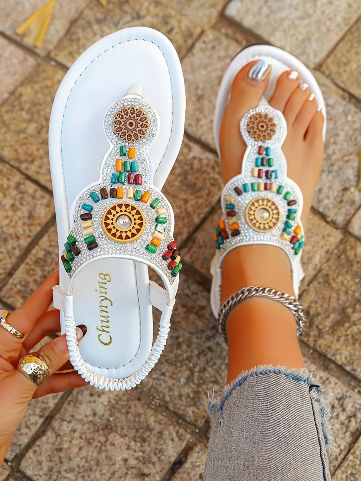 Summer Slippers for Women Comfortable and Versatile Toe-Post Bohemian Style Beach Shoes