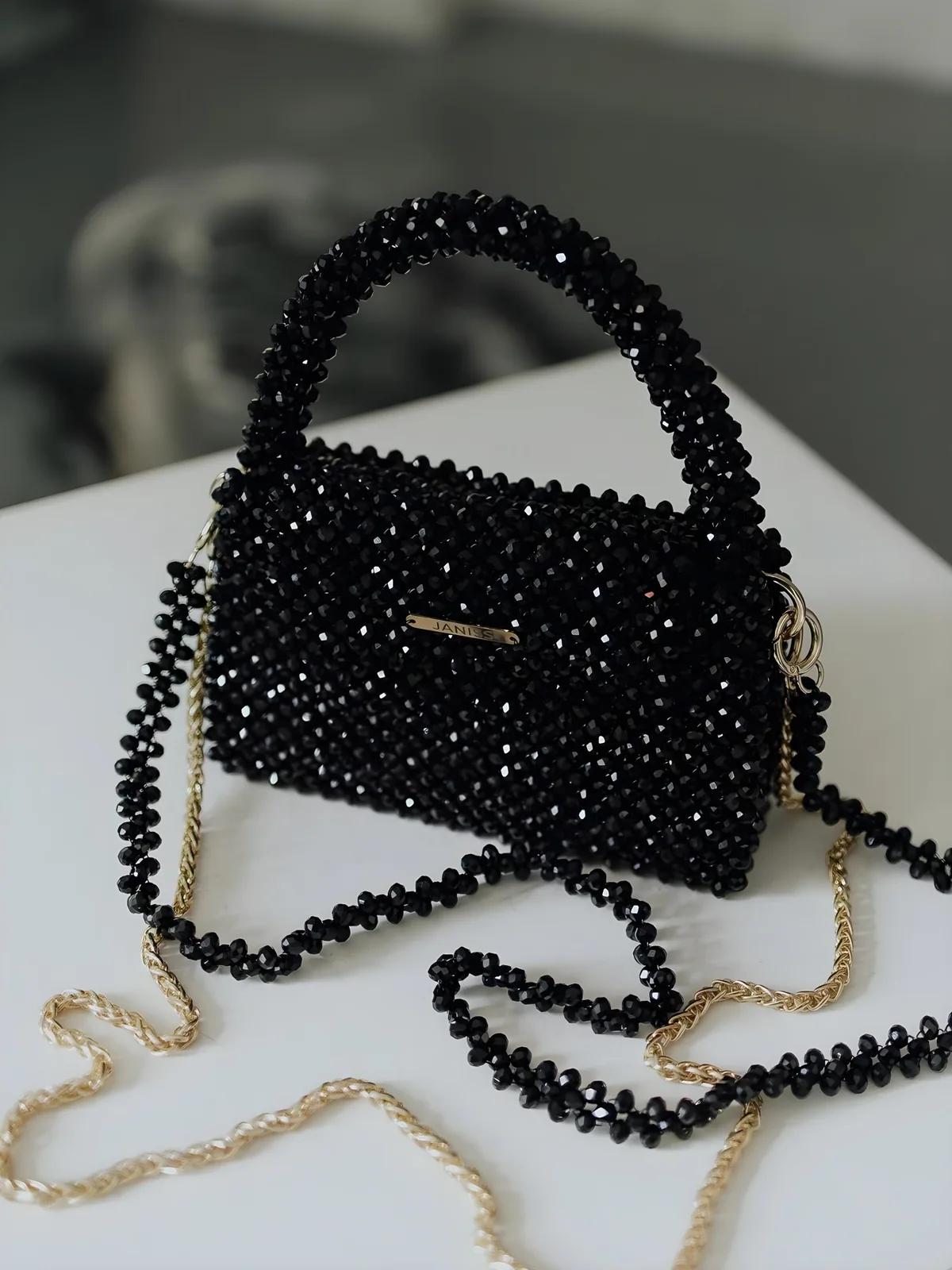 Purely Handmade Black Crystal Evening Bag – Hand-Beaded Luxury Clutch for Weddings & Parties