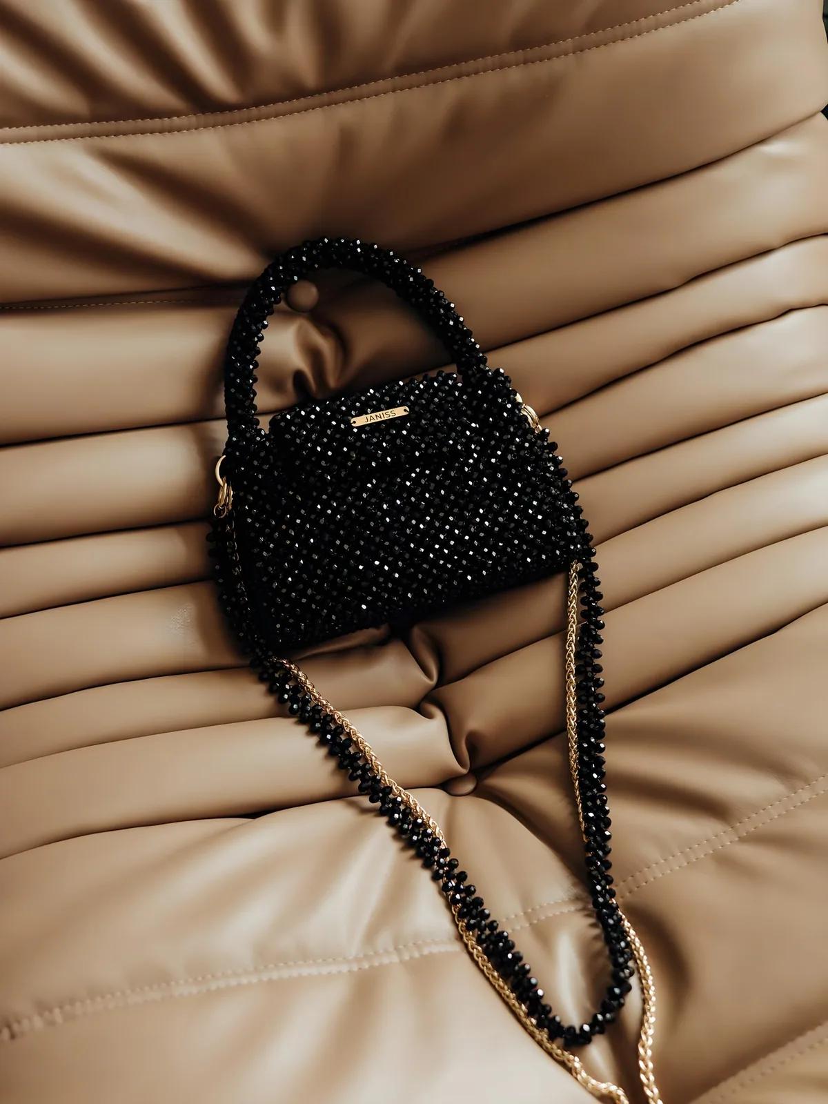 Purely Handmade Black Crystal Evening Bag – Hand-Beaded Luxury Clutch for Weddings & Parties