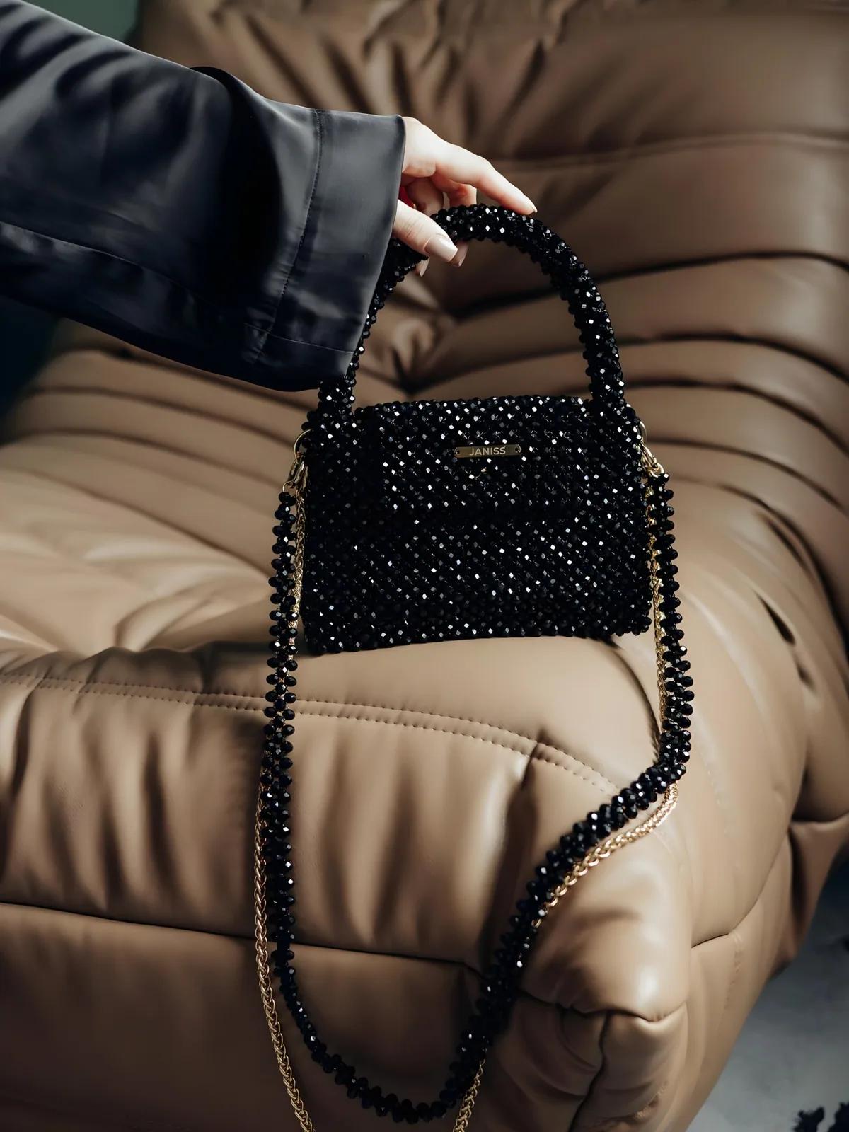 Purely Handmade Black Crystal Evening Bag – Hand-Beaded Luxury Clutch for Weddings & Parties