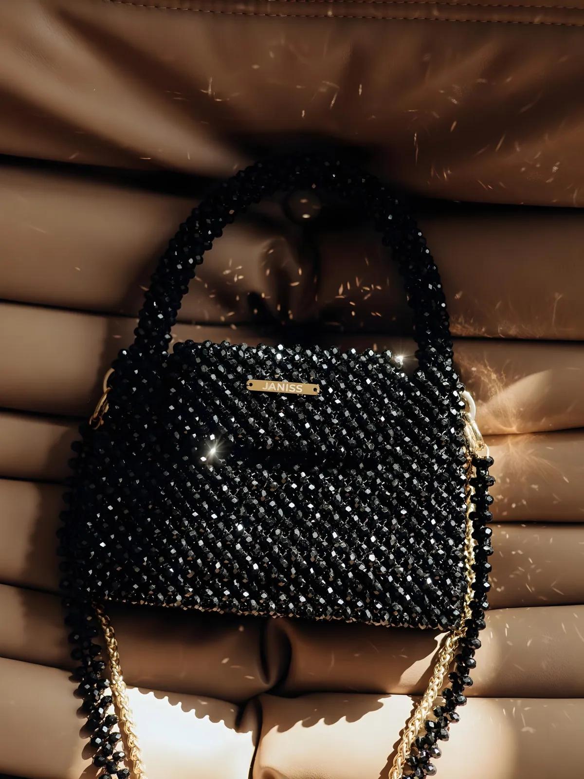 Purely Handmade Black Crystal Evening Bag – Hand-Beaded Luxury Clutch for Weddings & Parties