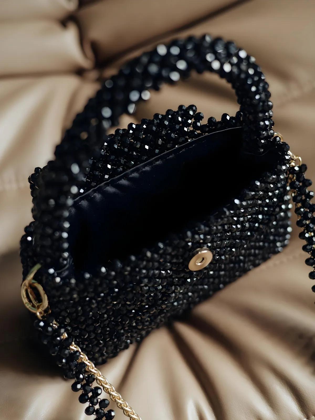 Purely Handmade Black Crystal Evening Bag – Hand-Beaded Luxury Clutch for Weddings & Parties