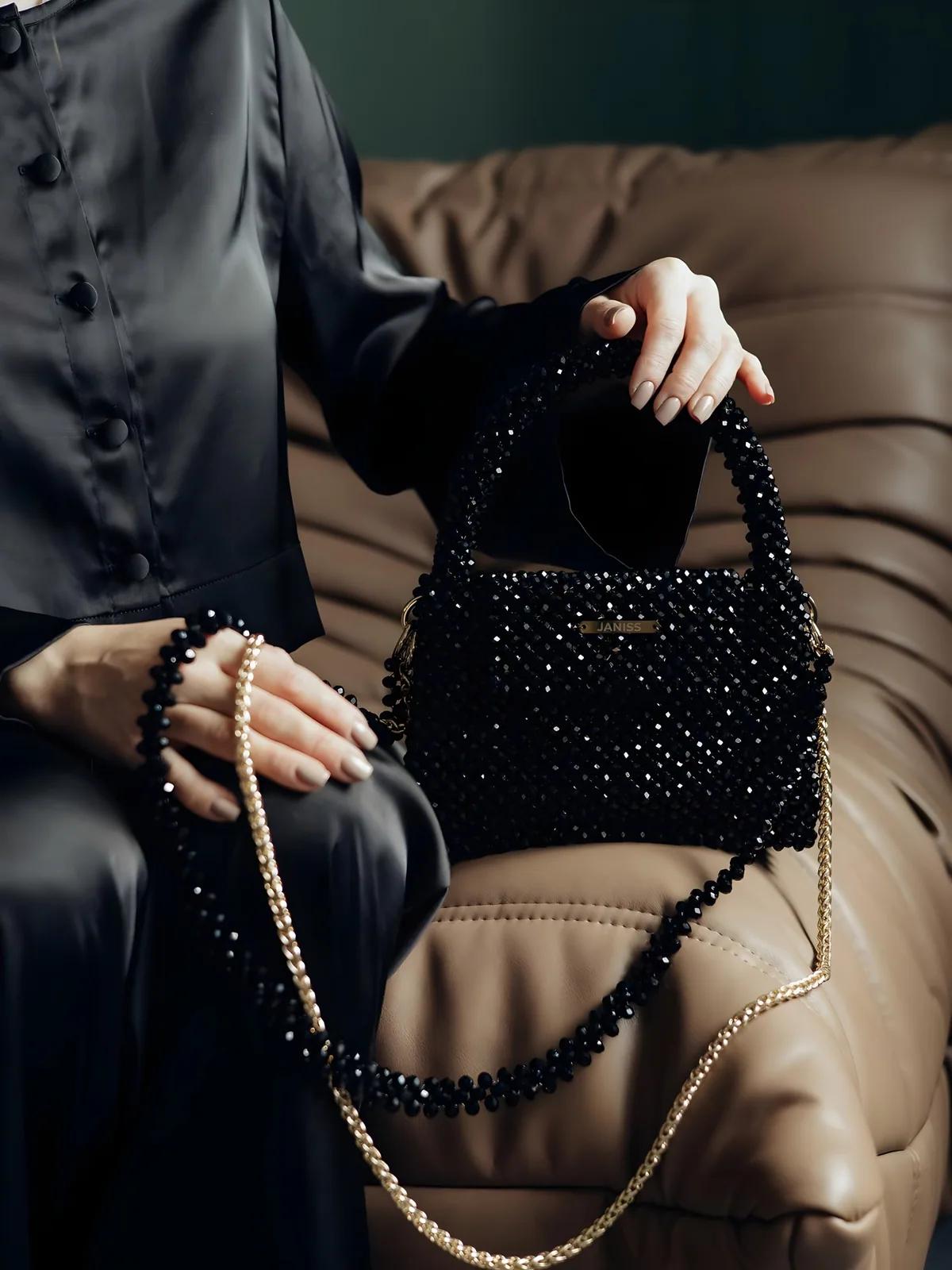 Purely Handmade Black Crystal Evening Bag – Hand-Beaded Luxury Clutch for Weddings & Parties