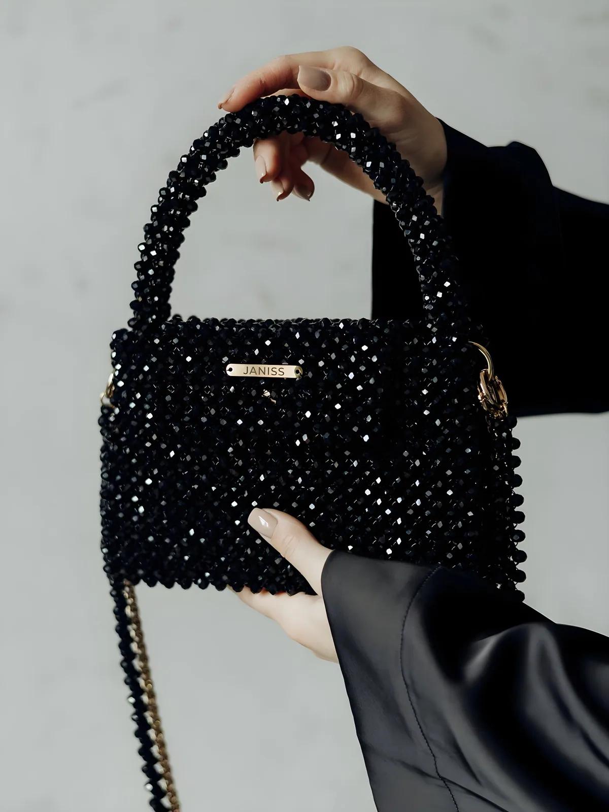 Purely Handmade Black Crystal Evening Bag – Hand-Beaded Luxury Clutch for Weddings & Parties