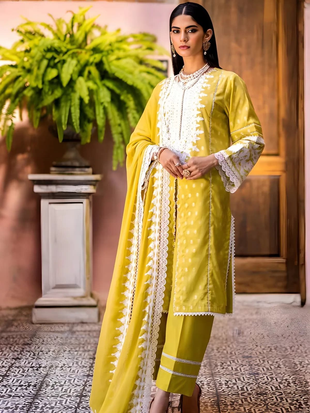 Gul Ahmed New Collection Sale Embroidered Jacquard Shirt with Embroidered Chiffon Dupatta FE-42018 - Askani Group