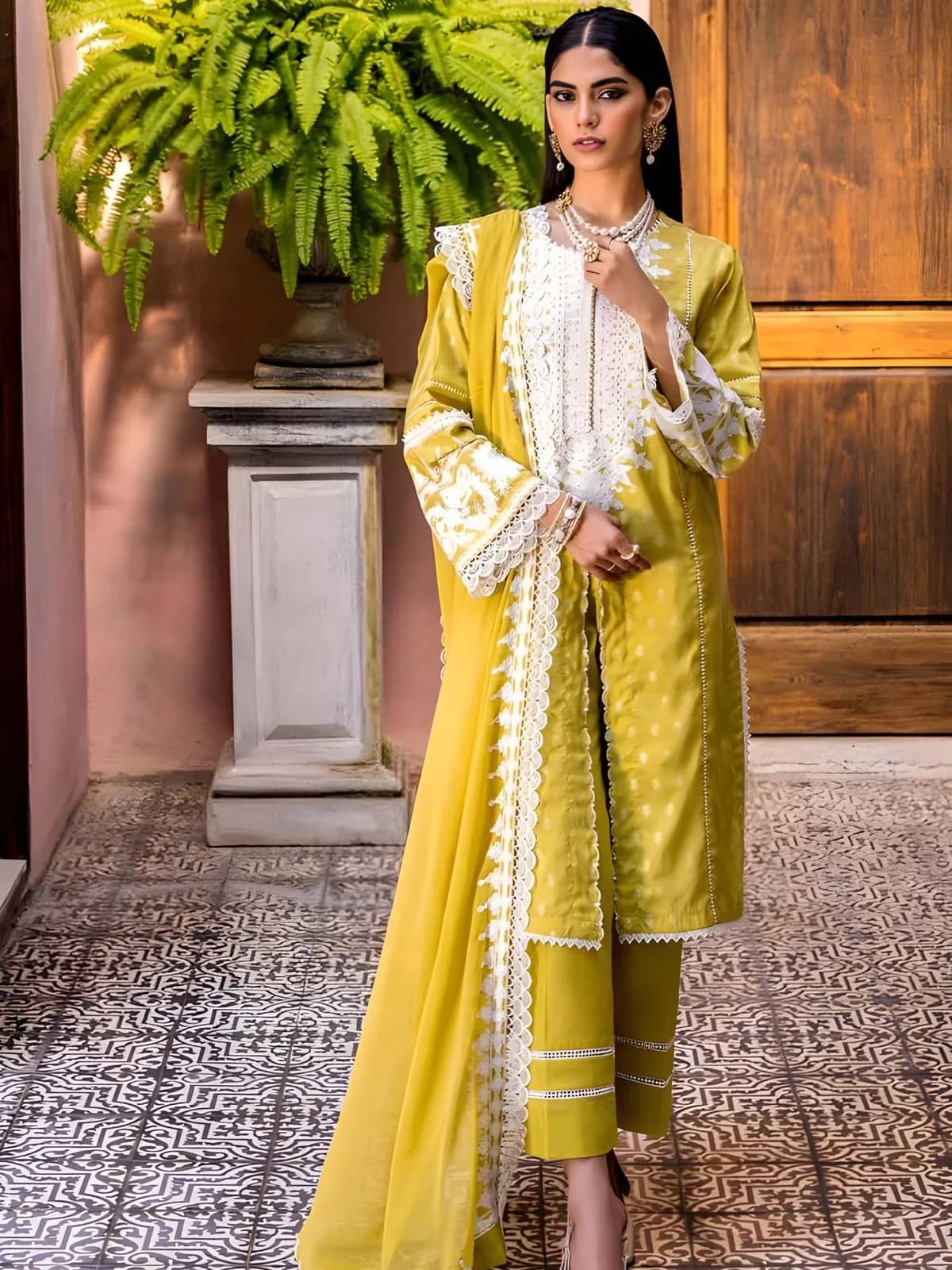 Gul Ahmed New Collection Sale Embroidered Jacquard Shirt with Embroidered Chiffon Dupatta FE-42018 - Askani Group