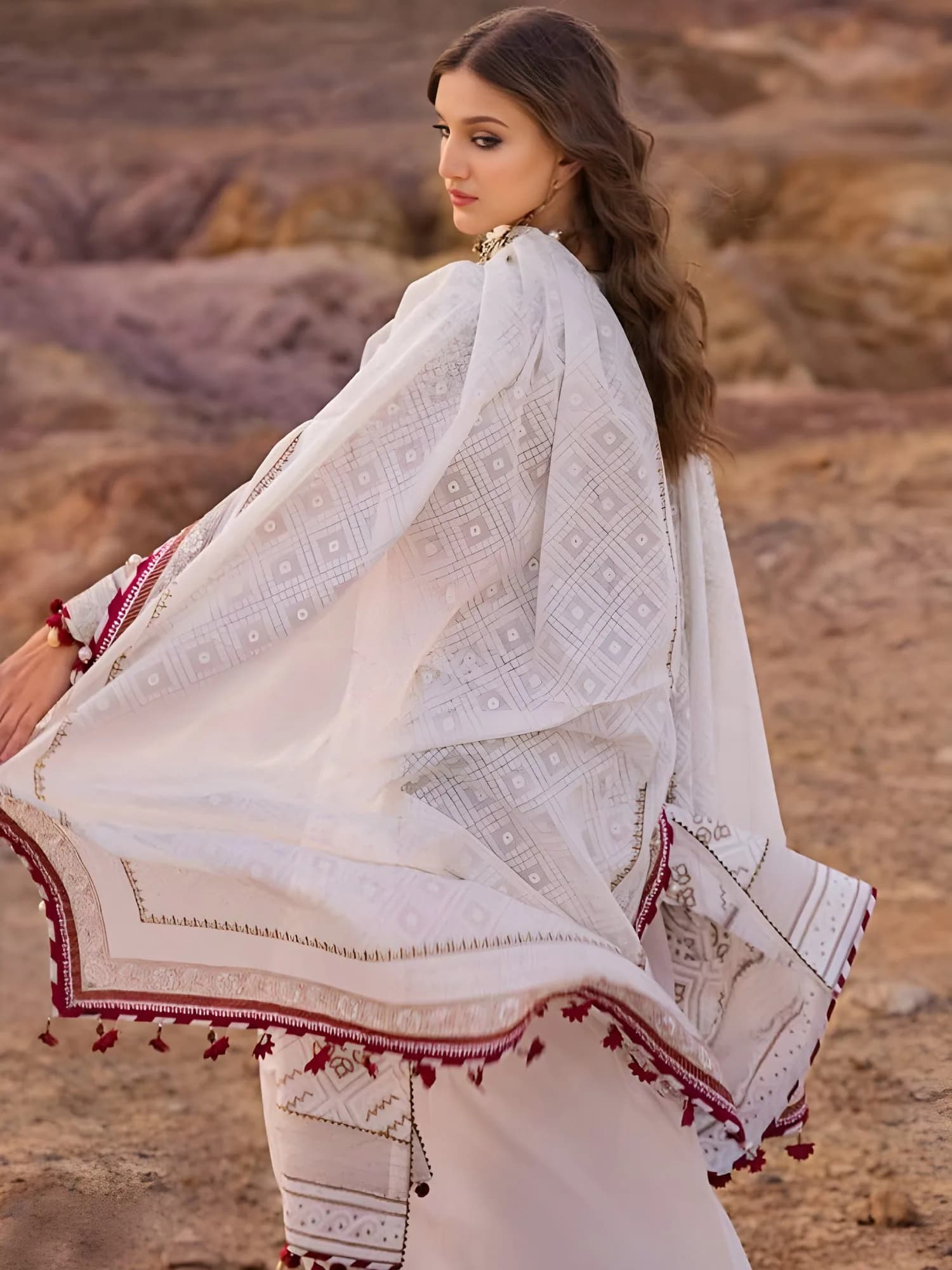 Back detail of Chunri Festive dupatta showing pom-pom edging and geometric print on lawn