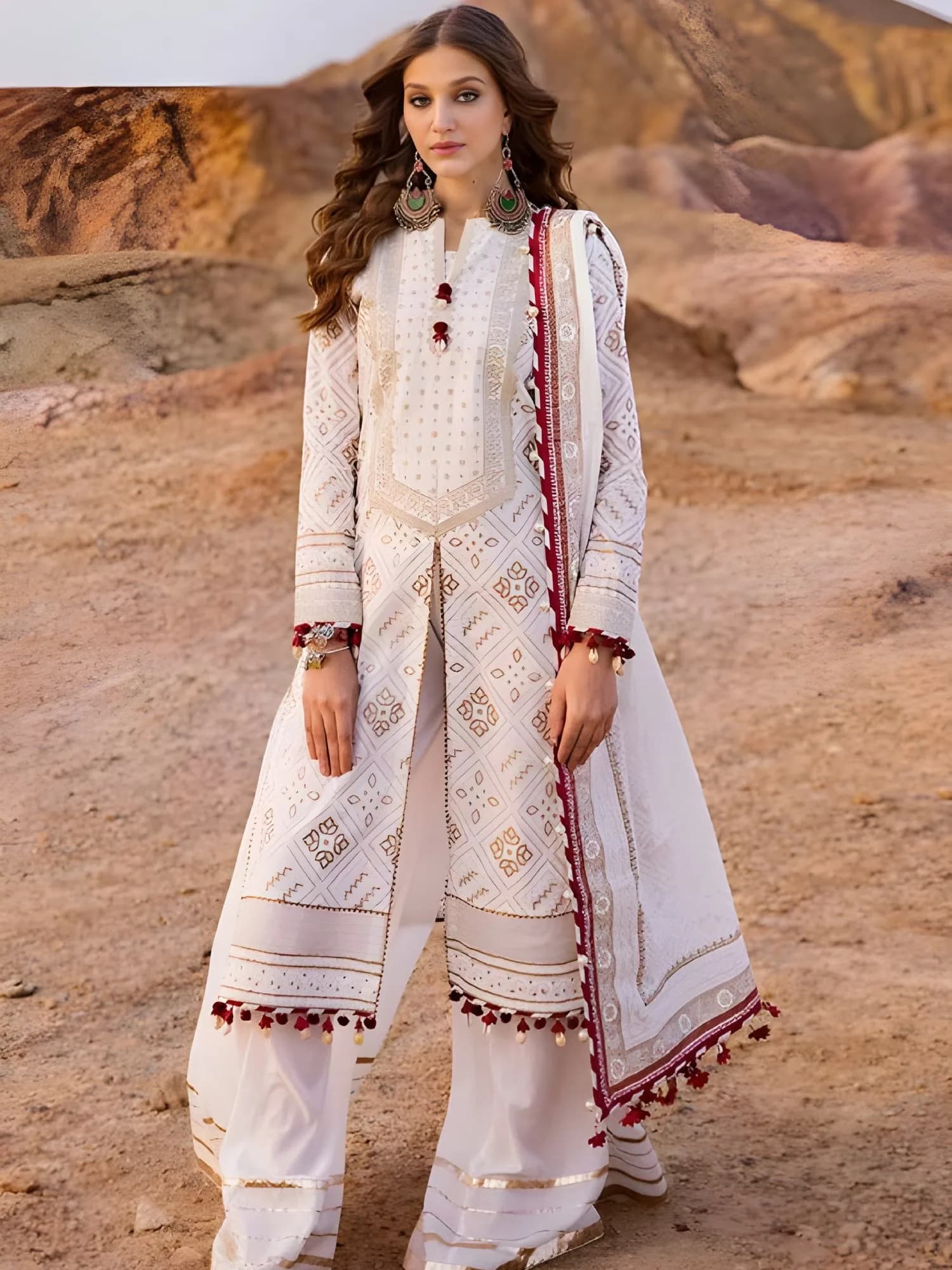 Gul Ahmed lawn suit CL-42074 off-white embroidered Chunri Festive 3-piece with pom-pom dupatta