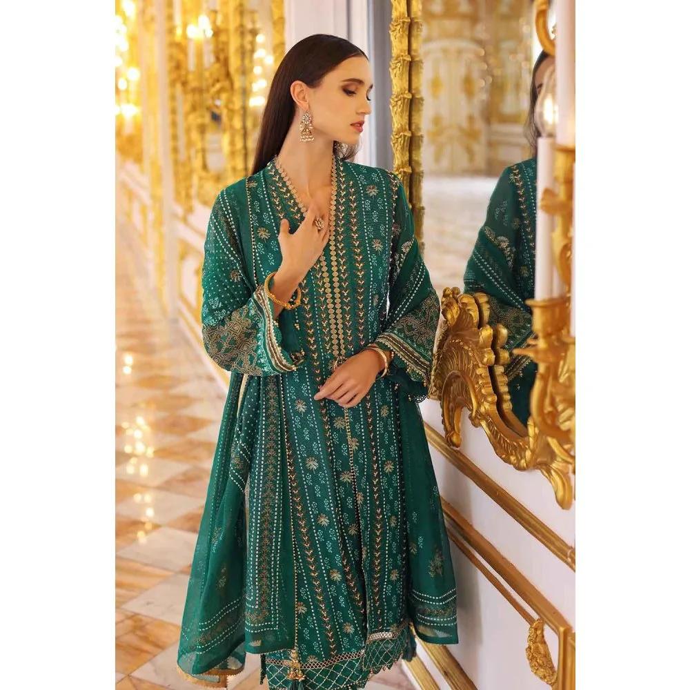 3PC Unstitched Gold and Lacquer Printed Embroidered Suit with Cotton Net Dupatta PRW-22009 - Pre Wedding Collection by Gul Ahmed