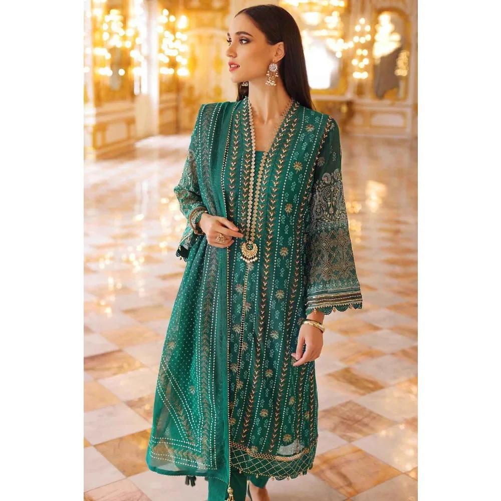 3PC Unstitched Gold and Lacquer Printed Embroidered Suit with Cotton Net Dupatta PRW-22009 - Pre Wedding Collection by Gul Ahmed