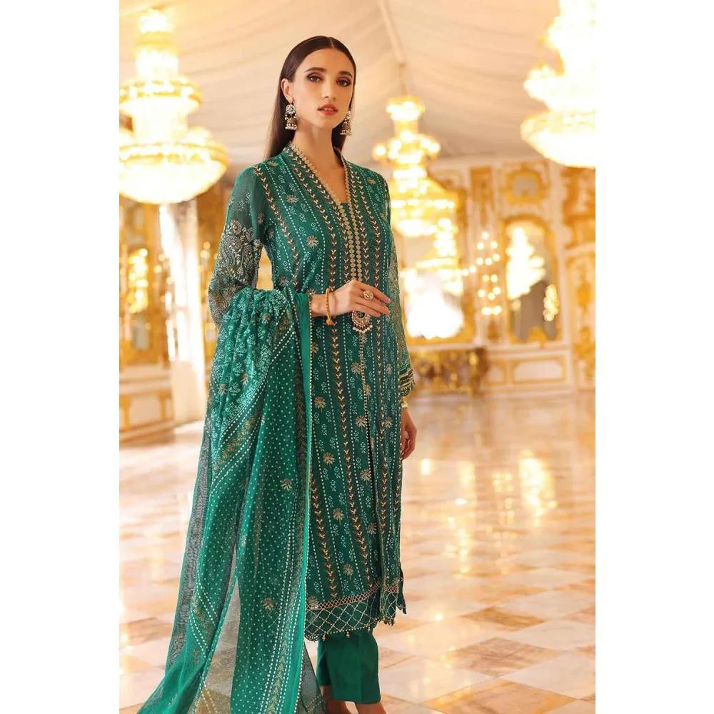 3PC Unstitched Gold and Lacquer Printed Embroidered Suit with Cotton Net Dupatta PRW-22009 - Pre Wedding Collection by Gul Ahmed