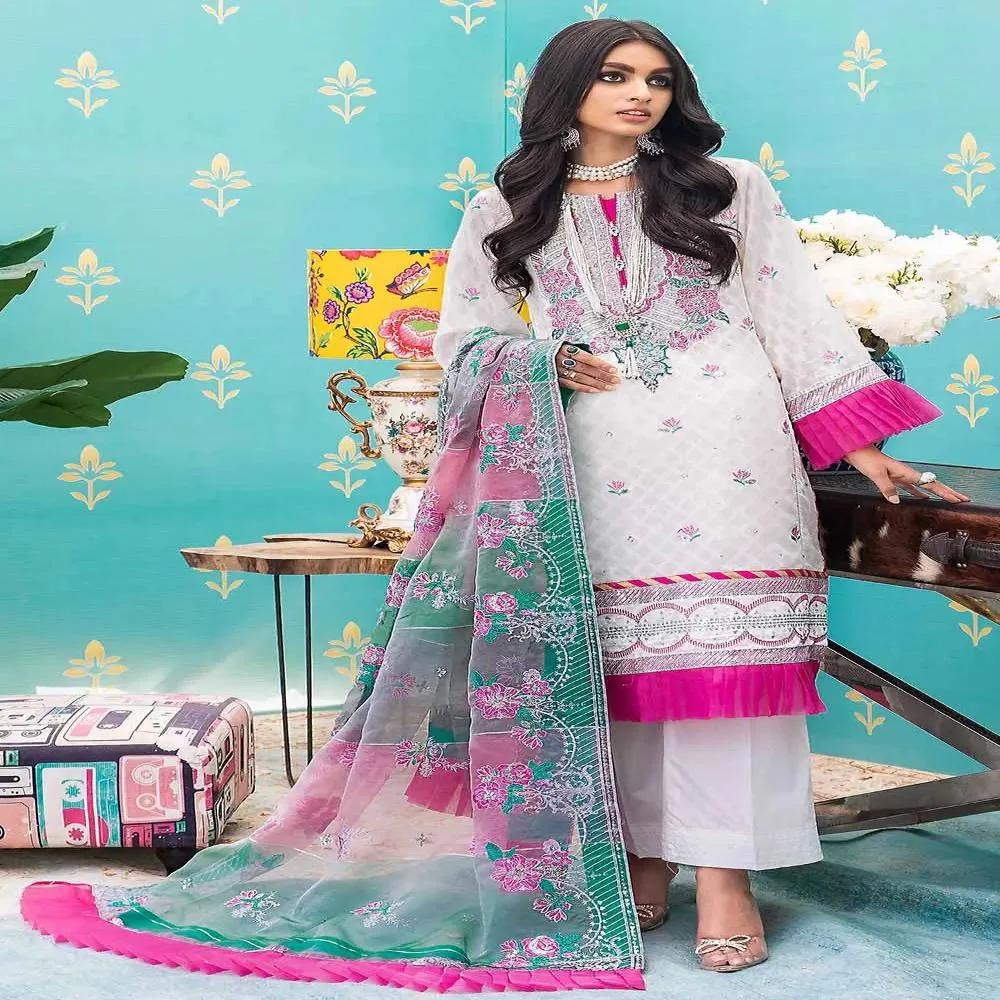 3PC Unstitched Jacquard Embroidered Suit with Striped Organza Dupatta FE-12025 by Gul Ahmed