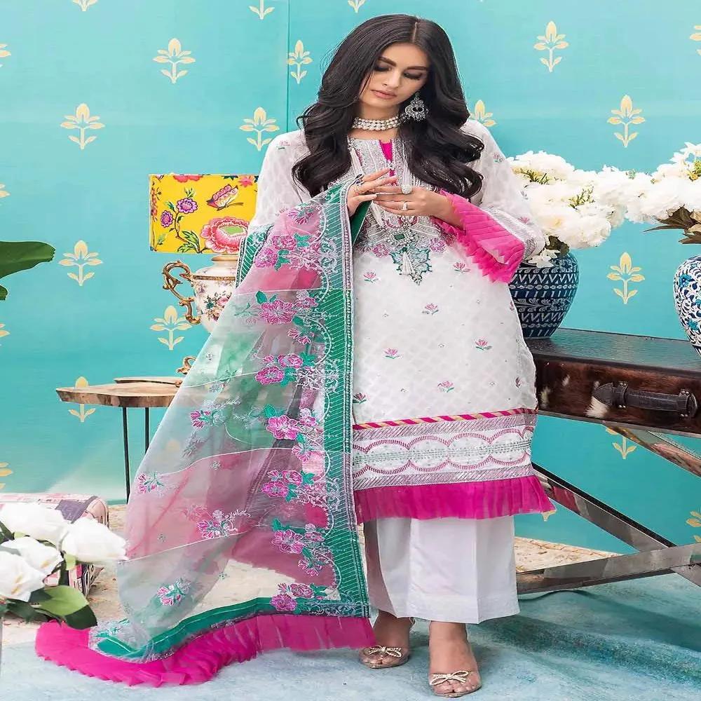 3PC Unstitched Jacquard Embroidered Suit with Striped Organza Dupatta FE-12025 by Gul Ahmed