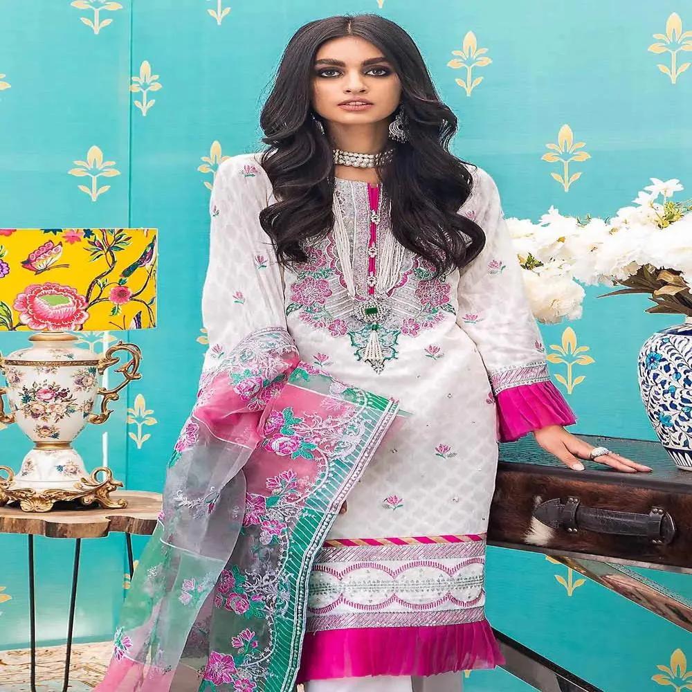 3PC Unstitched Jacquard Embroidered Suit with Striped Organza Dupatta FE-12025 by Gul Ahmed