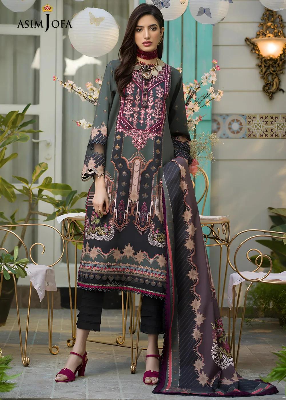 Asim Jofa 2-Piece Printed Unstitched Lawn with Embroidered Neckline on Organza Shirt with Printed Lawn Dupatta – AJPR-19