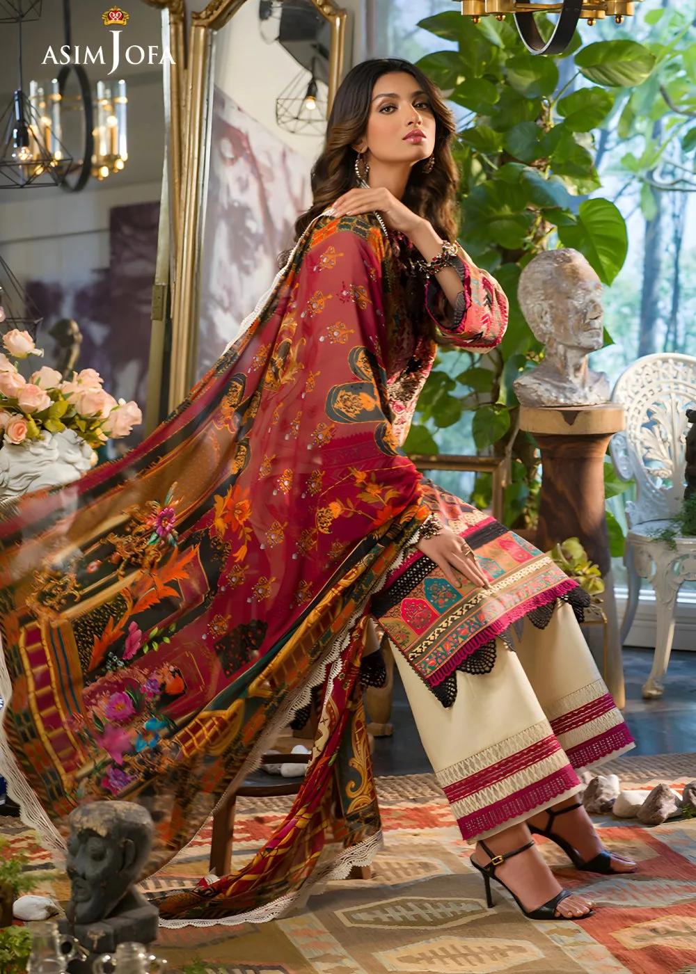 Asim Jofa 2-Piece Printed Unstitched Lawn with Embroidered Neckline on Organza Shirt with Printed Chiffon Dupatta – AJPR 22