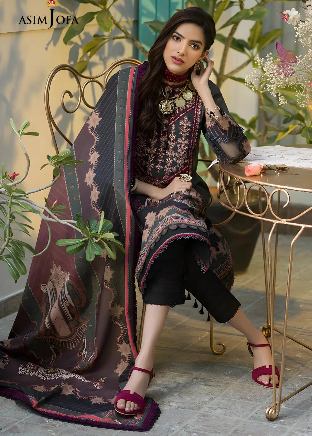 Asim Jofa 2-Piece Printed Unstitched Lawn with Embroidered Neckline on Organza Shirt with Printed Lawn Dupatta – AJPR-19