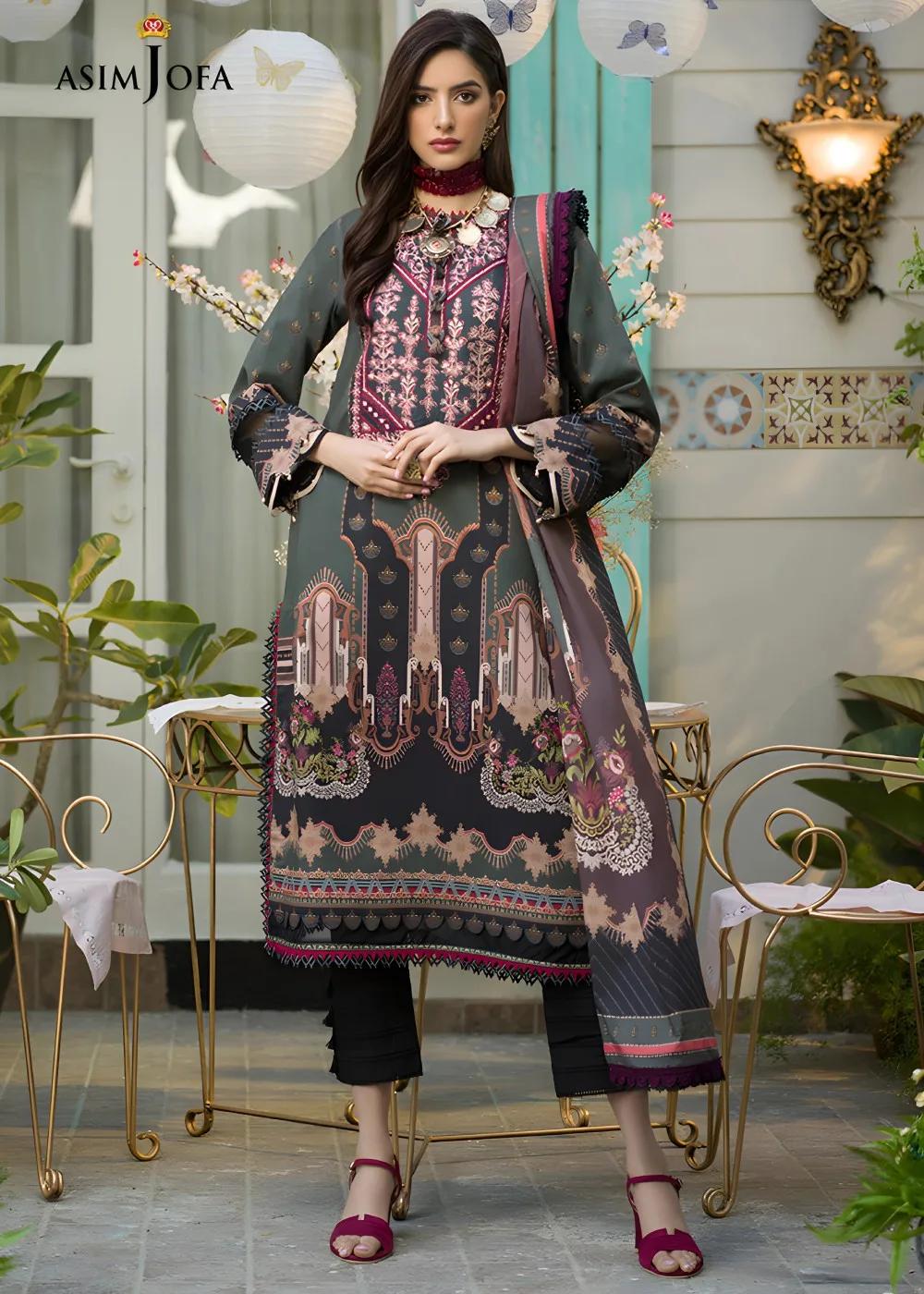 Asim Jofa 2-Piece Printed Unstitched Lawn with Embroidered Neckline on Organza Shirt with Printed Lawn Dupatta – AJPR-19