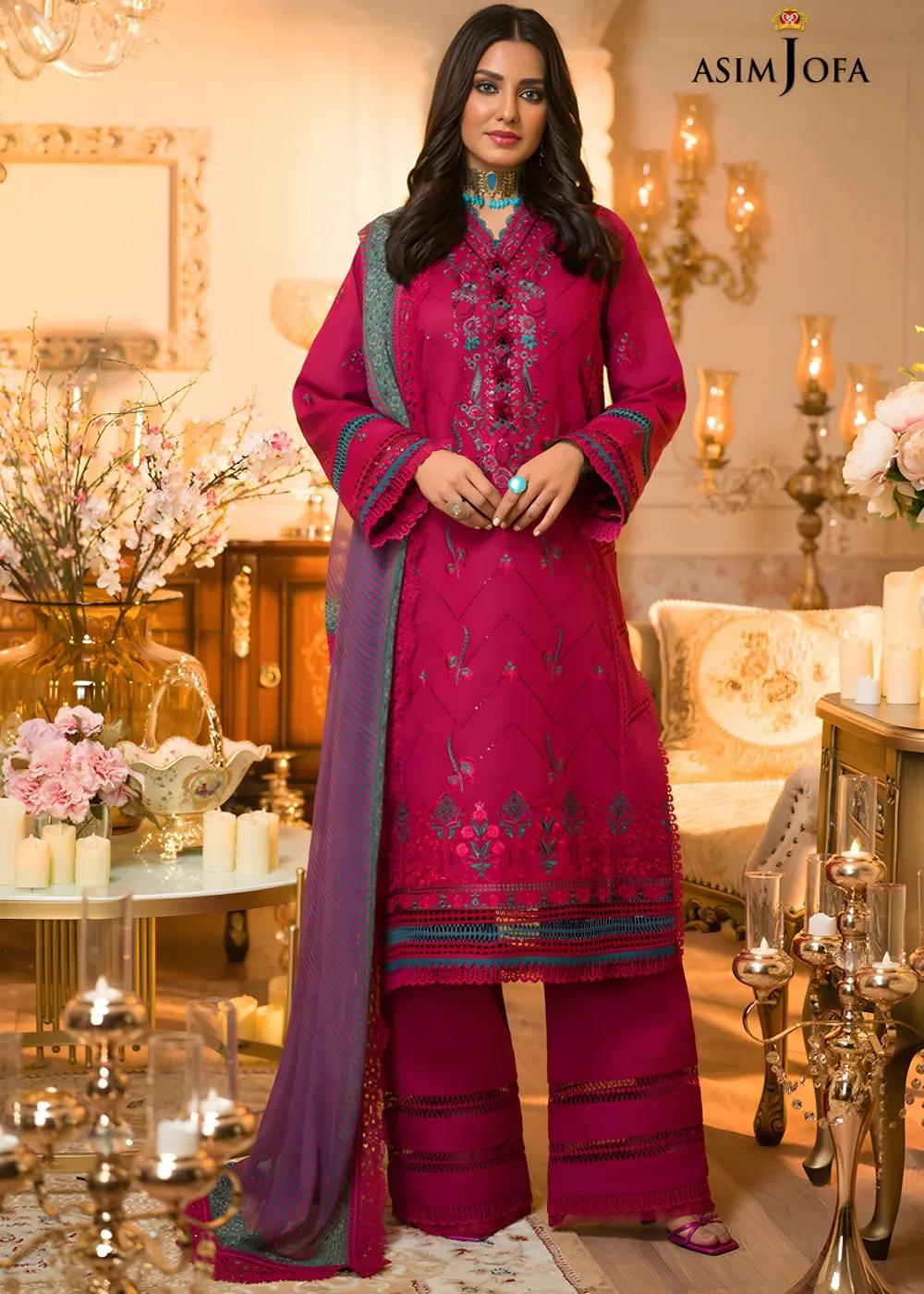 Asim Jofa 3-Piece Embroidered Unstitched Luxury Lawn Shirt with Printed Chiffon Dupatta – AJPR-16