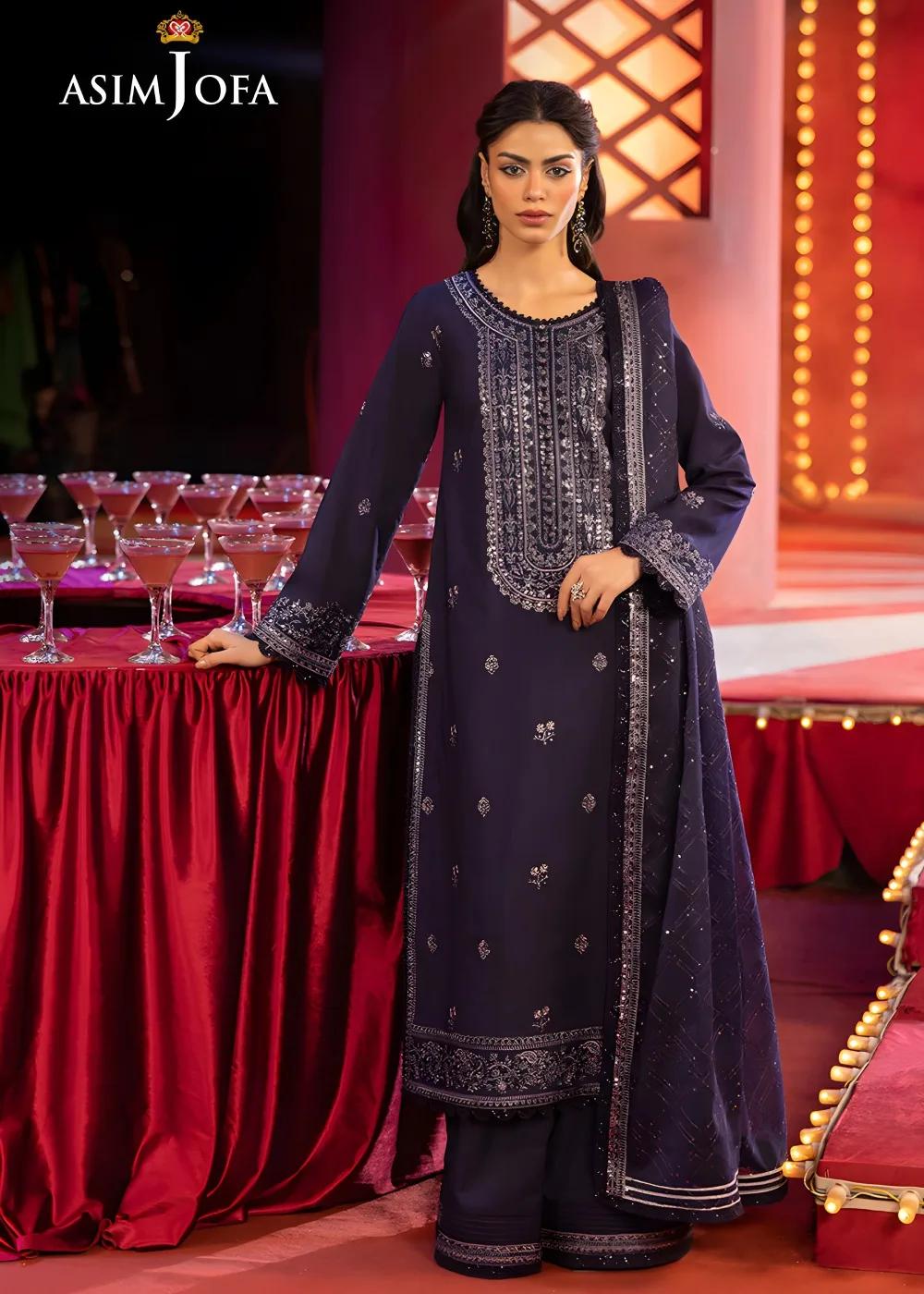 Asim Jofa 3-Piece Unstitched Embroidered Luxury Silk Shirt with Embroidered Luxury Chiffon Dupatta AJLFF-03