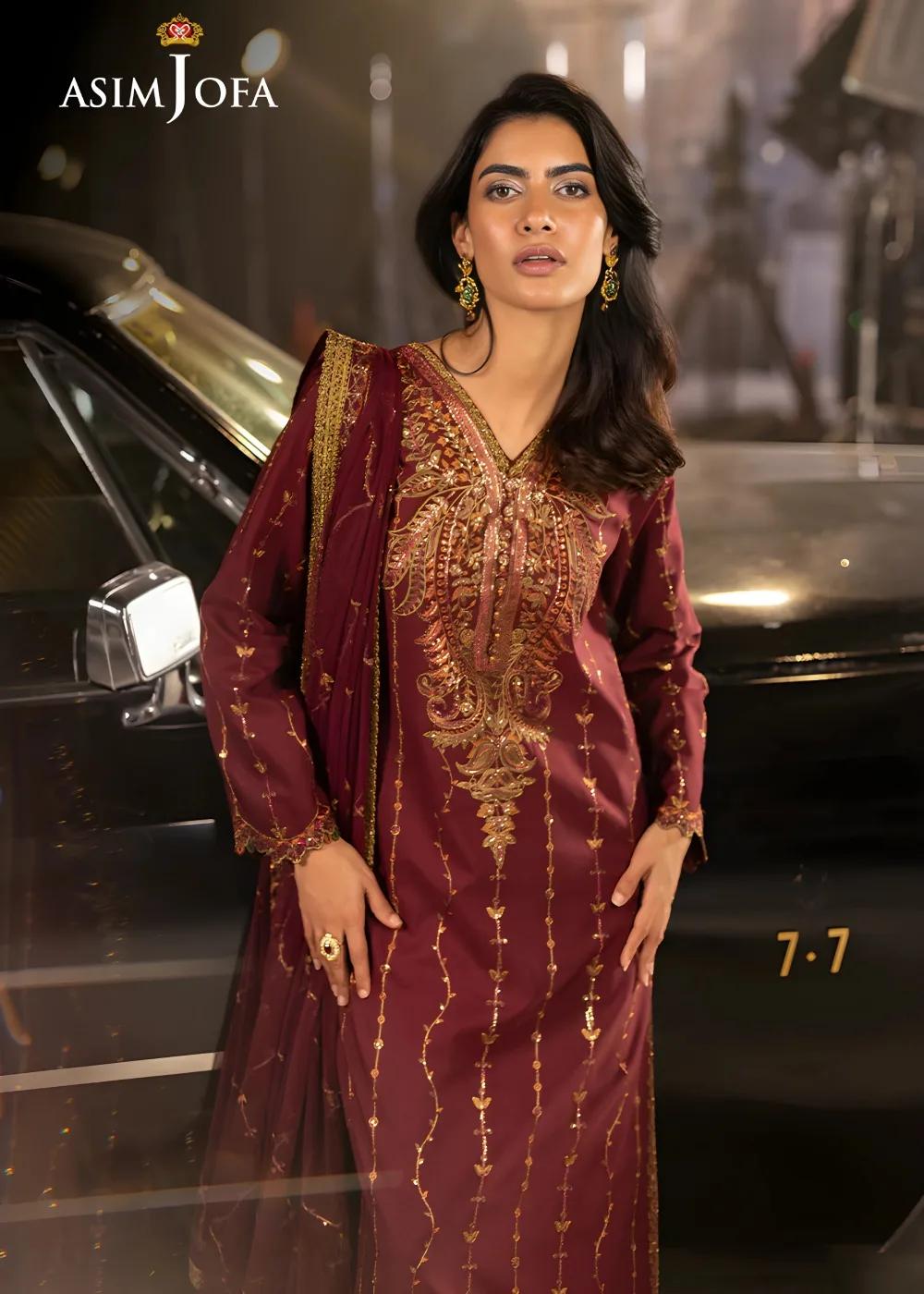 Asim Jofa 3-Piece Unstitched Embroidered Luxury Silk Shirt with Embroidered Luxury Net Dupatta AJLFF-04