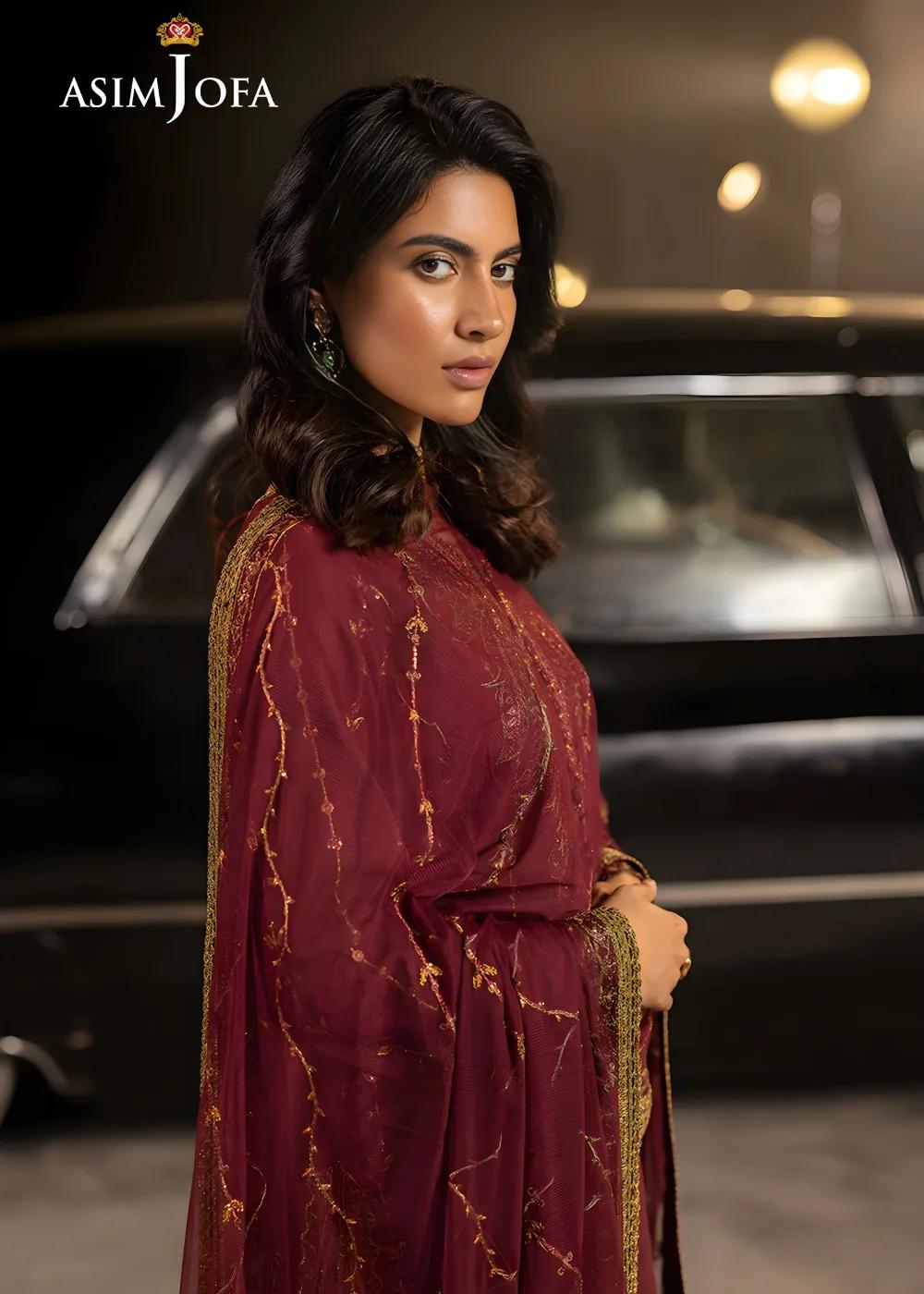 Asim Jofa 3-Piece Unstitched Embroidered Luxury Silk Shirt with Embroidered Luxury Net Dupatta AJLFF-04