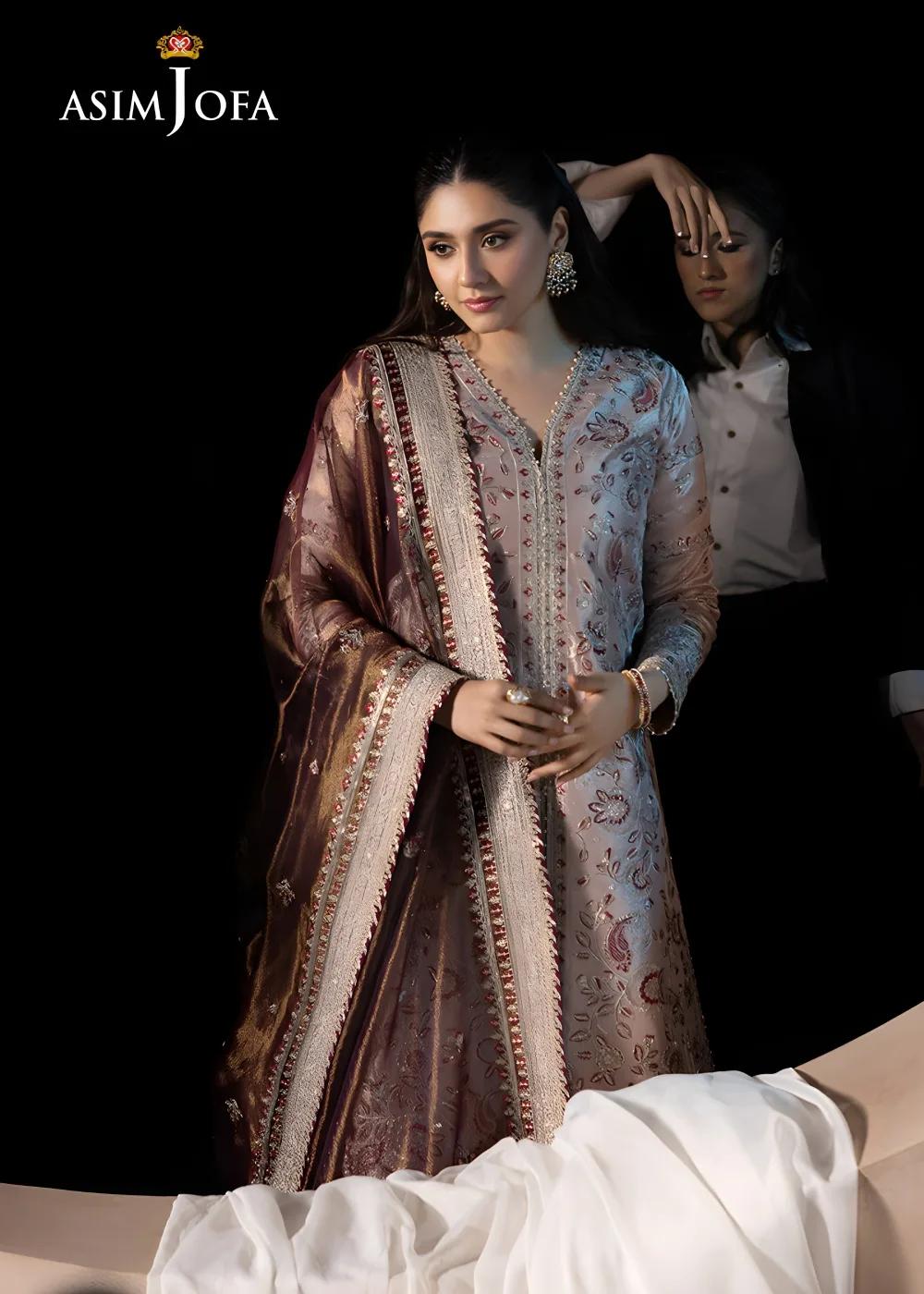 Asim Jofa 3-Piece Unstitched Luxury Embroidered Zari Tissue with Luxury Embroidered Zari Check Net Dupatta AJLFF-10