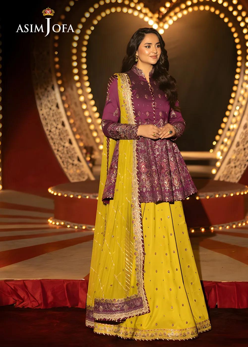 Asim Jofa Luxury Embroidered Two Tone Cotton Silk Shirt with Embroidered Raw Silk Lehenga and Embroidered Net Dupatta - AJLFF-17