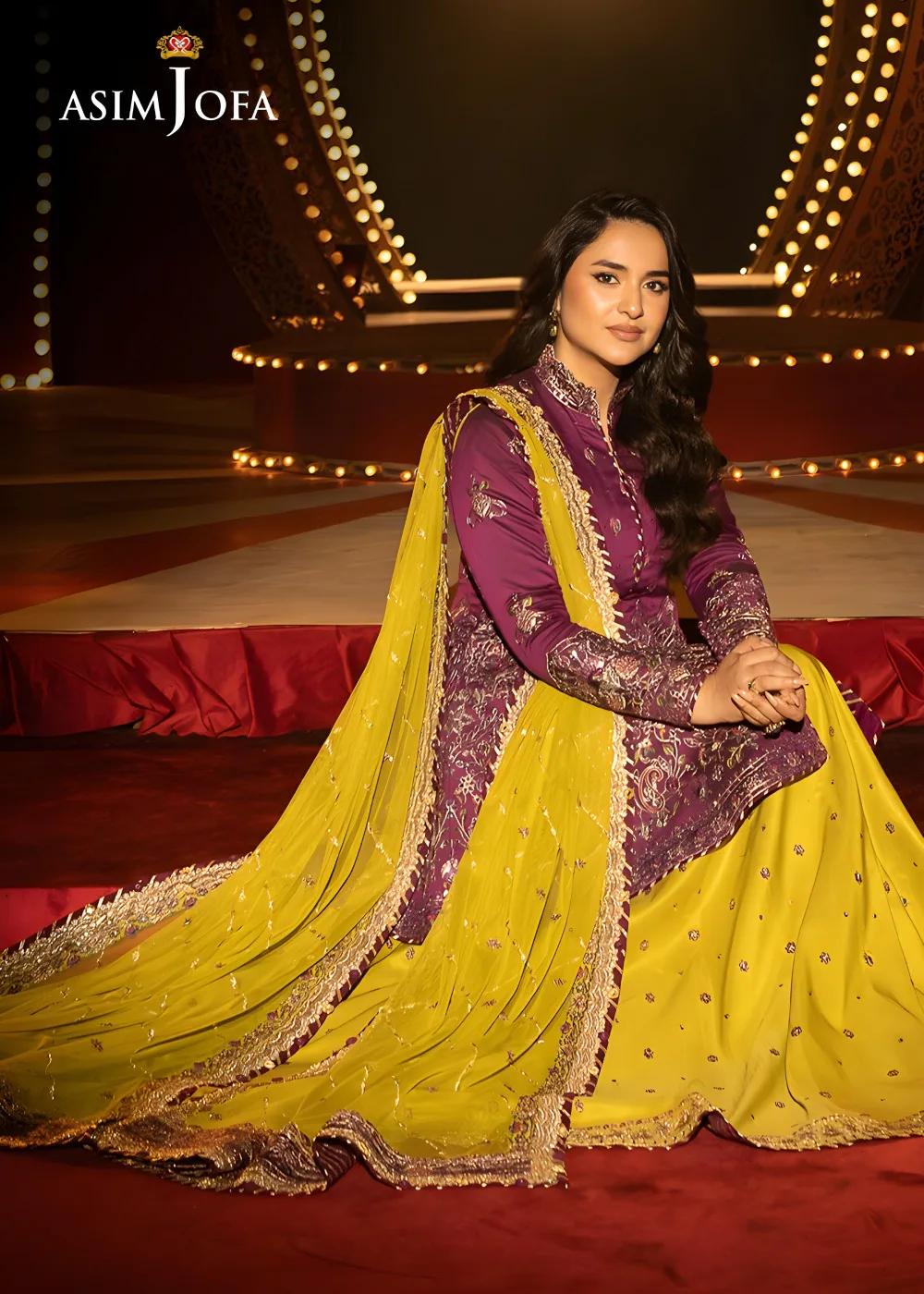 Asim Jofa Luxury Embroidered Two Tone Cotton Silk Shirt with Embroidered Raw Silk Lehenga and Embroidered Net Dupatta - AJLFF-17