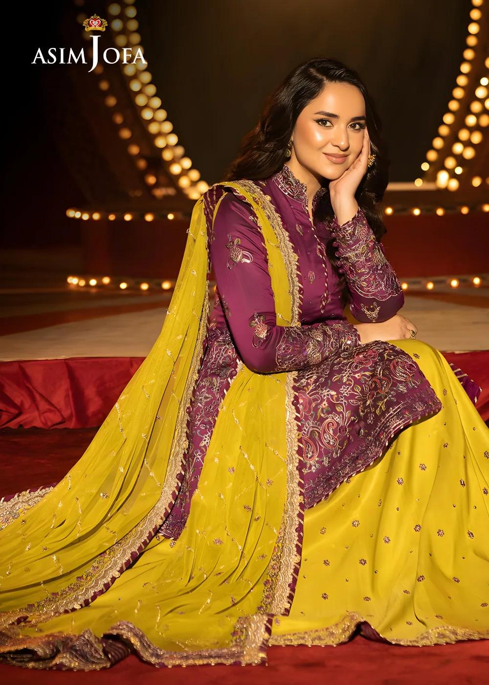 Asim Jofa Luxury Embroidered Two Tone Cotton Silk Shirt with Embroidered Raw Silk Lehenga and Embroidered Net Dupatta - AJLFF-17
