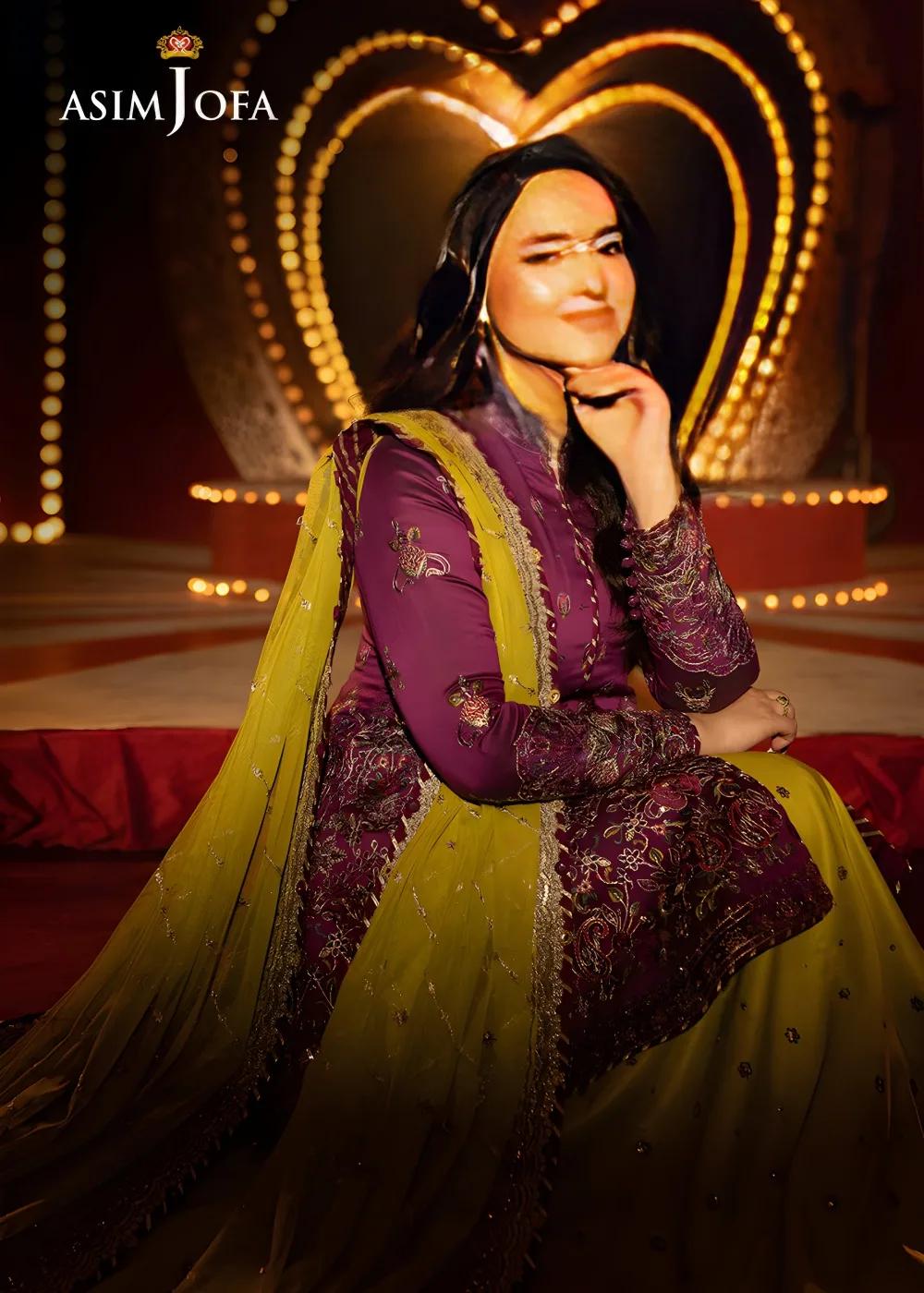 Asim Jofa Luxury Embroidered Two Tone Cotton Silk Shirt with Embroidered Raw Silk Lehenga and Embroidered Net Dupatta - AJLFF-17