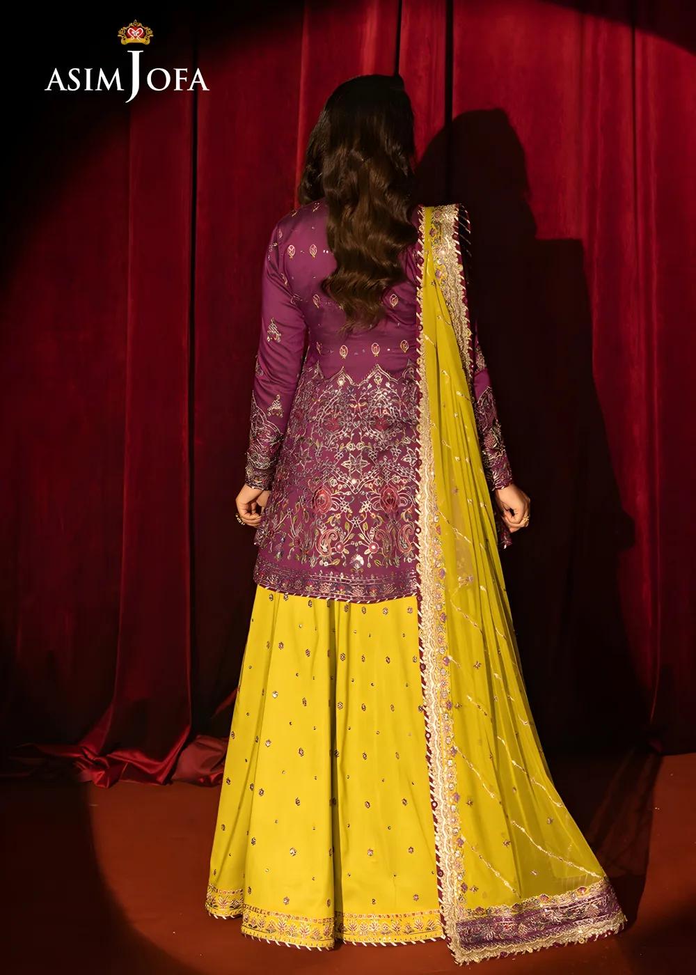 Asim Jofa Luxury Embroidered Two Tone Cotton Silk Shirt with Embroidered Raw Silk Lehenga and Embroidered Net Dupatta - AJLFF-17