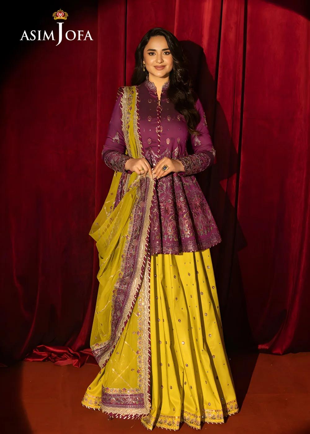 Asim Jofa Luxury Embroidered Two Tone Cotton Silk Shirt with Embroidered Raw Silk Lehenga and Embroidered Net Dupatta - AJLFF-17