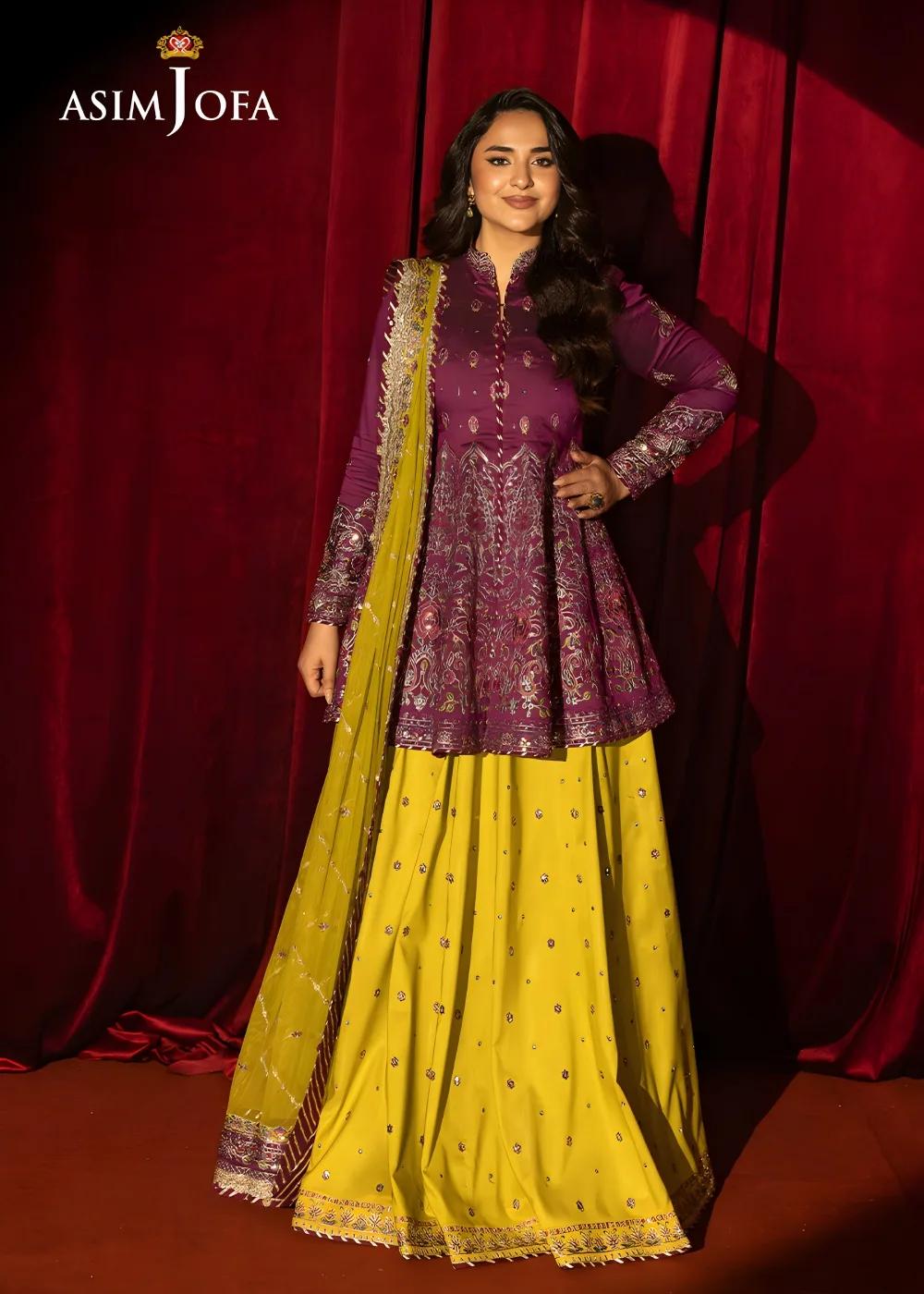 Asim Jofa Luxury Embroidered Two Tone Cotton Silk Shirt with Embroidered Raw Silk Lehenga and Embroidered Net Dupatta - AJLFF-17