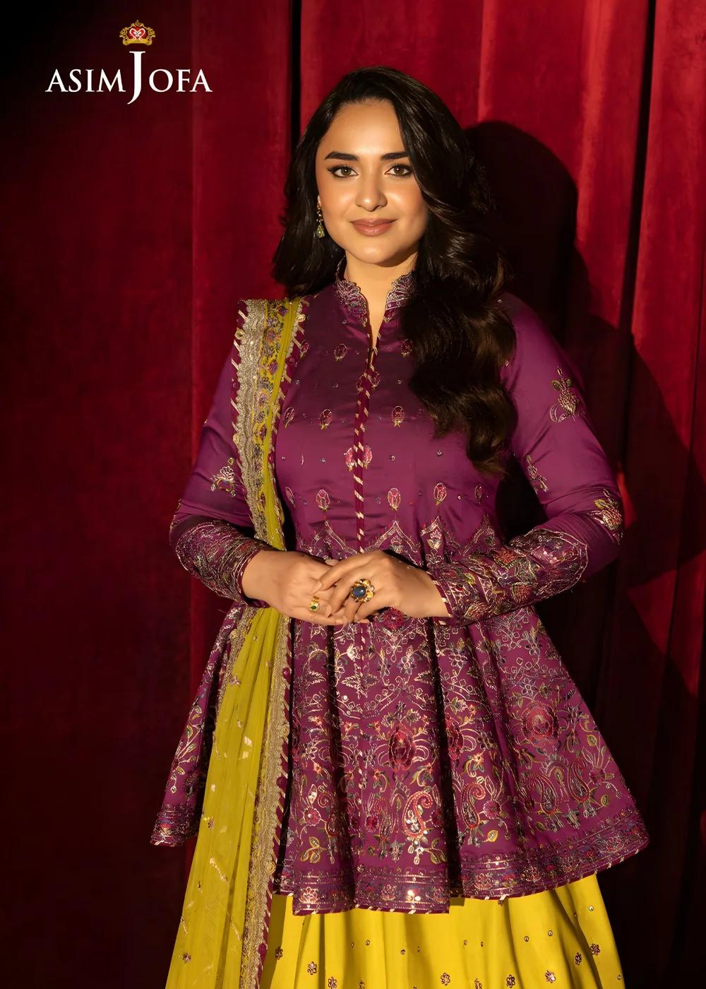 Asim Jofa Luxury Embroidered Two Tone Cotton Silk Shirt with Embroidered Raw Silk Lehenga and Embroidered Net Dupatta - AJLFF-17