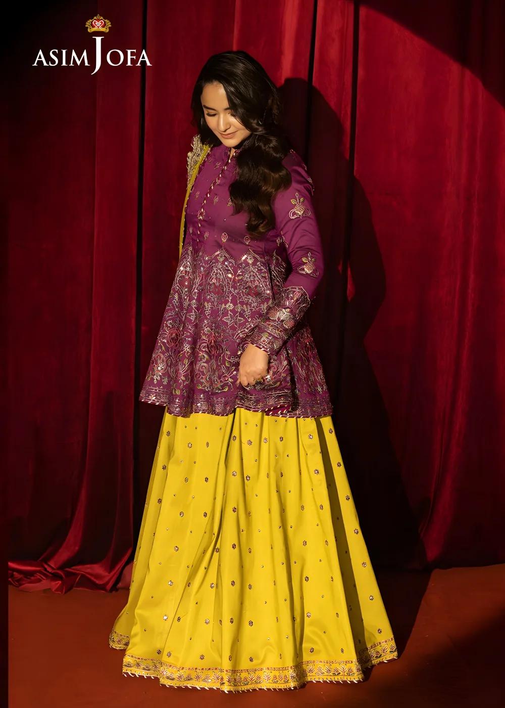 Asim Jofa Luxury Embroidered Two Tone Cotton Silk Shirt with Embroidered Raw Silk Lehenga and Embroidered Net Dupatta - AJLFF-17