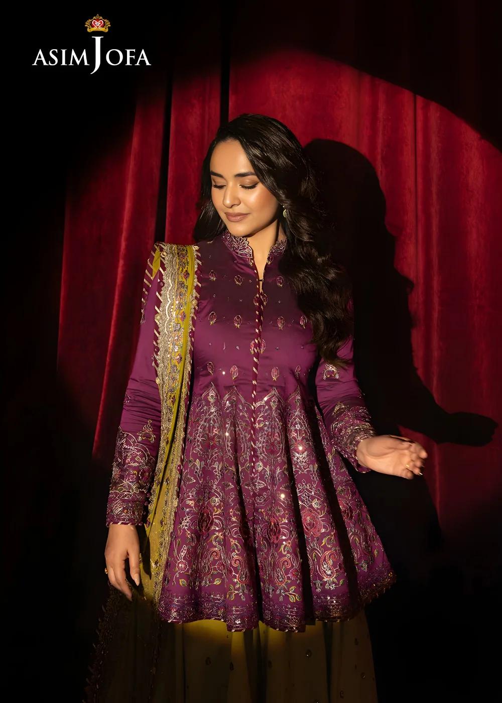 Asim Jofa Luxury Embroidered Two Tone Cotton Silk Shirt with Embroidered Raw Silk Lehenga and Embroidered Net Dupatta - AJLFF-17