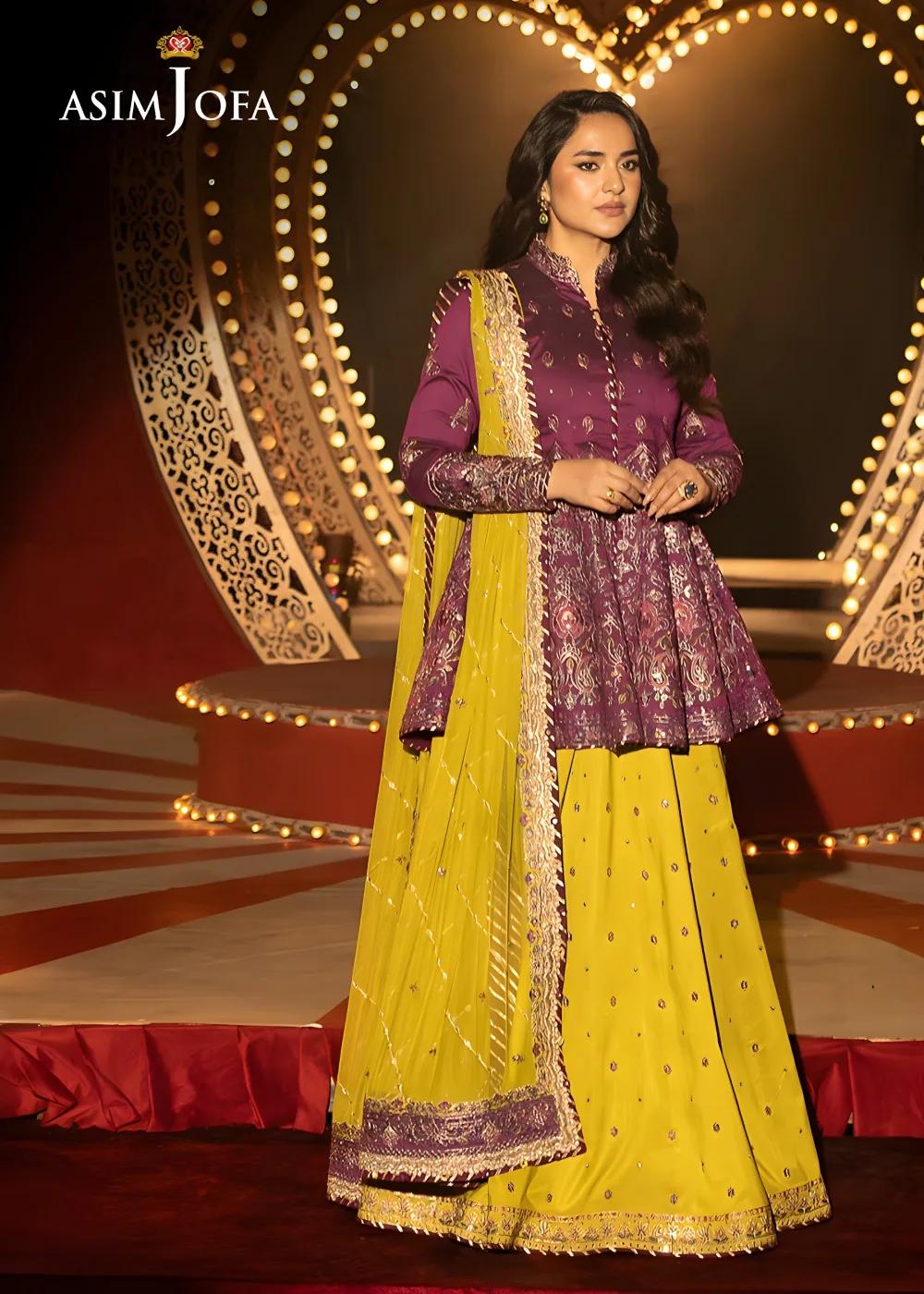 Asim Jofa Luxury Embroidered Two Tone Cotton Silk Shirt with Embroidered Raw Silk Lehenga and Embroidered Net Dupatta - AJLFF-17