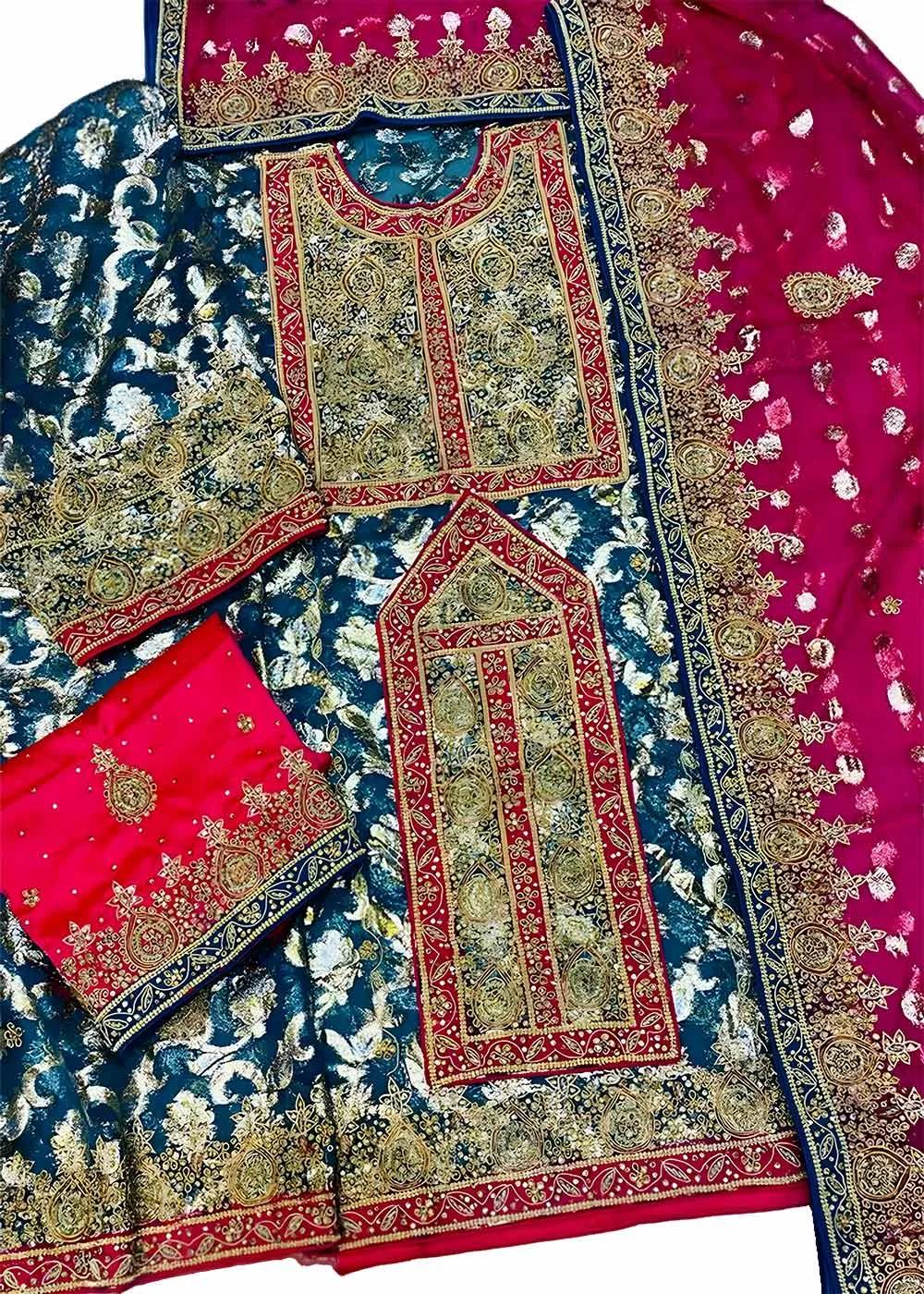 Askani Group Balochi Bridal 3-Piece Unstitched Hand Embroidered Tissue Shirt with Hand Embroidered Dupatta & Satin Trouser