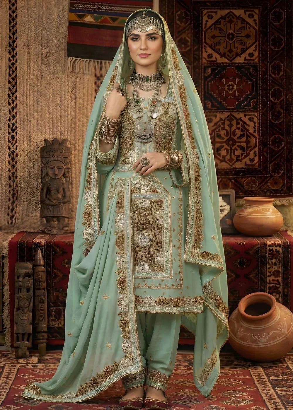 Askani Group Balochi Wedding Dress 3-Piece Unstitched Hand Embroidered Chiffon Suit