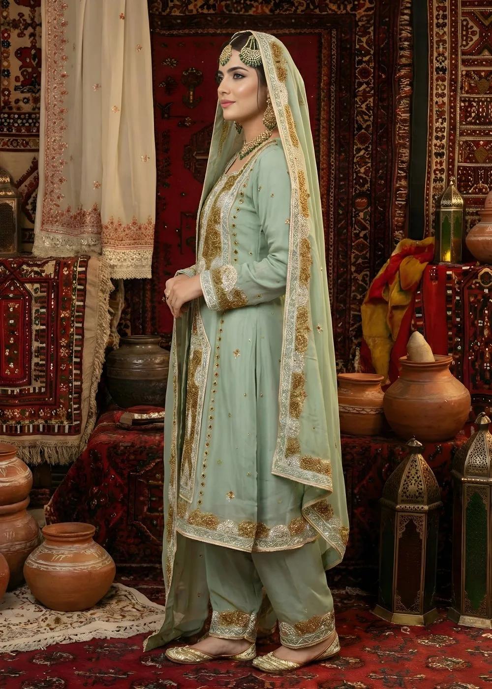 Askani Group Balochi Wedding Dress 3-Piece Unstitched Hand Embroidered Chiffon Suit